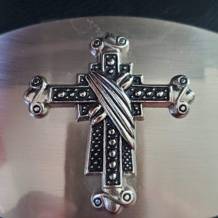 Silver Tone Ornate Cross Belt Buckle Brushed Metal Rectangular Religious Western