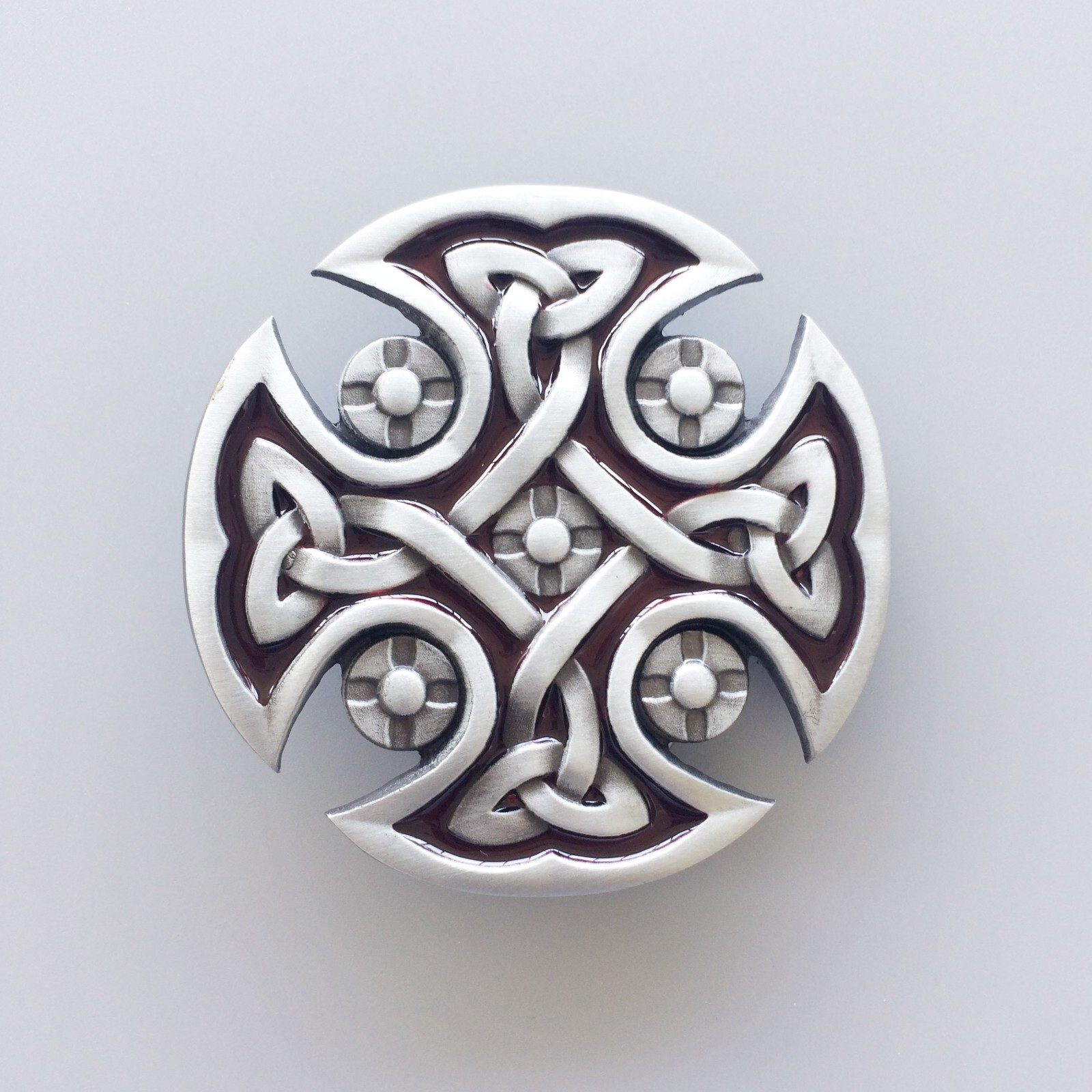 Antique Silver Red Enamel Celtic Knot Cross Vintage Belt Buckle