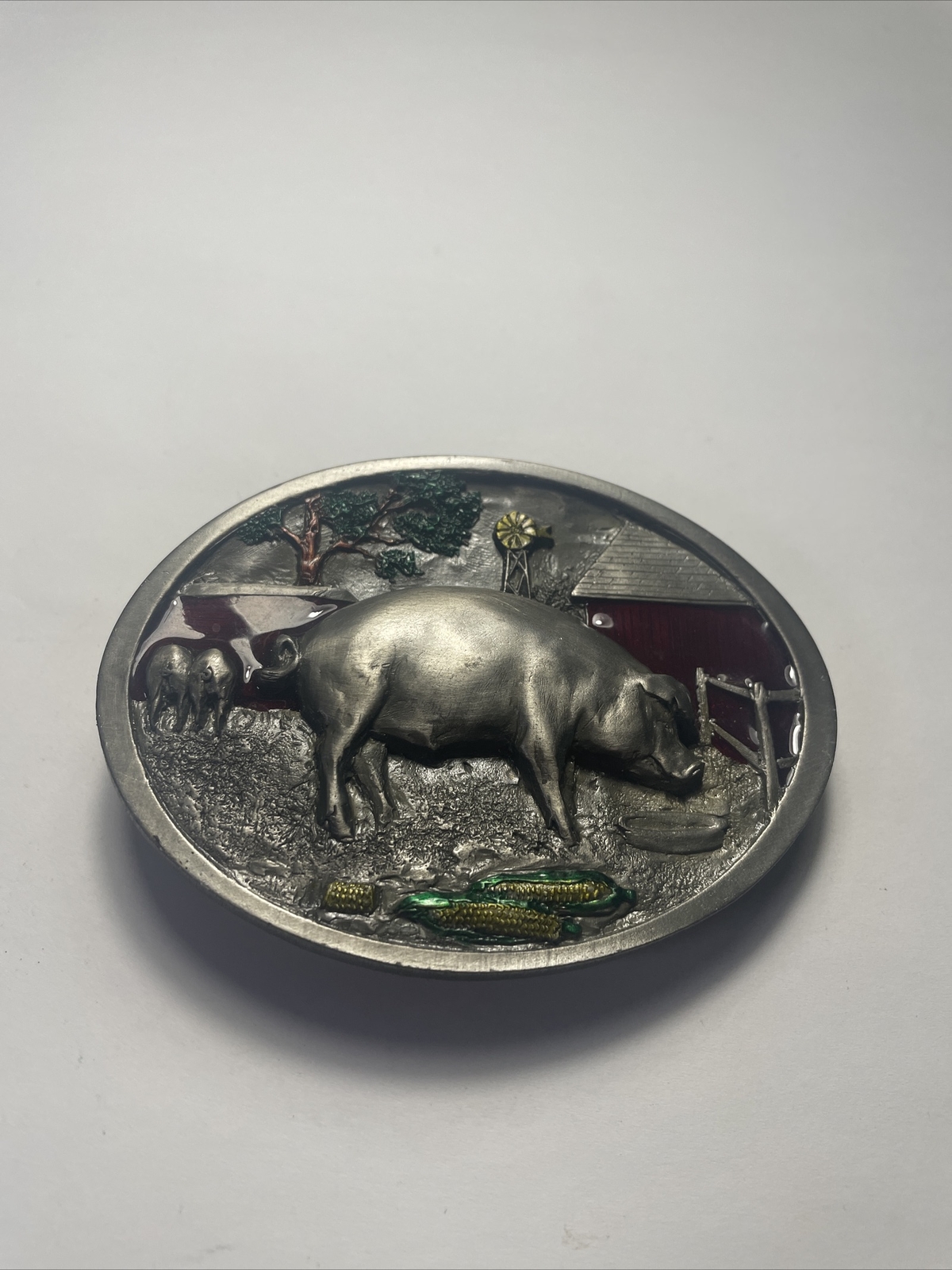 1987 BELT BUCKLE VINTAGE PIG IN PIGPEN C&J INC. MADE IN USA Farmers Farming Hog