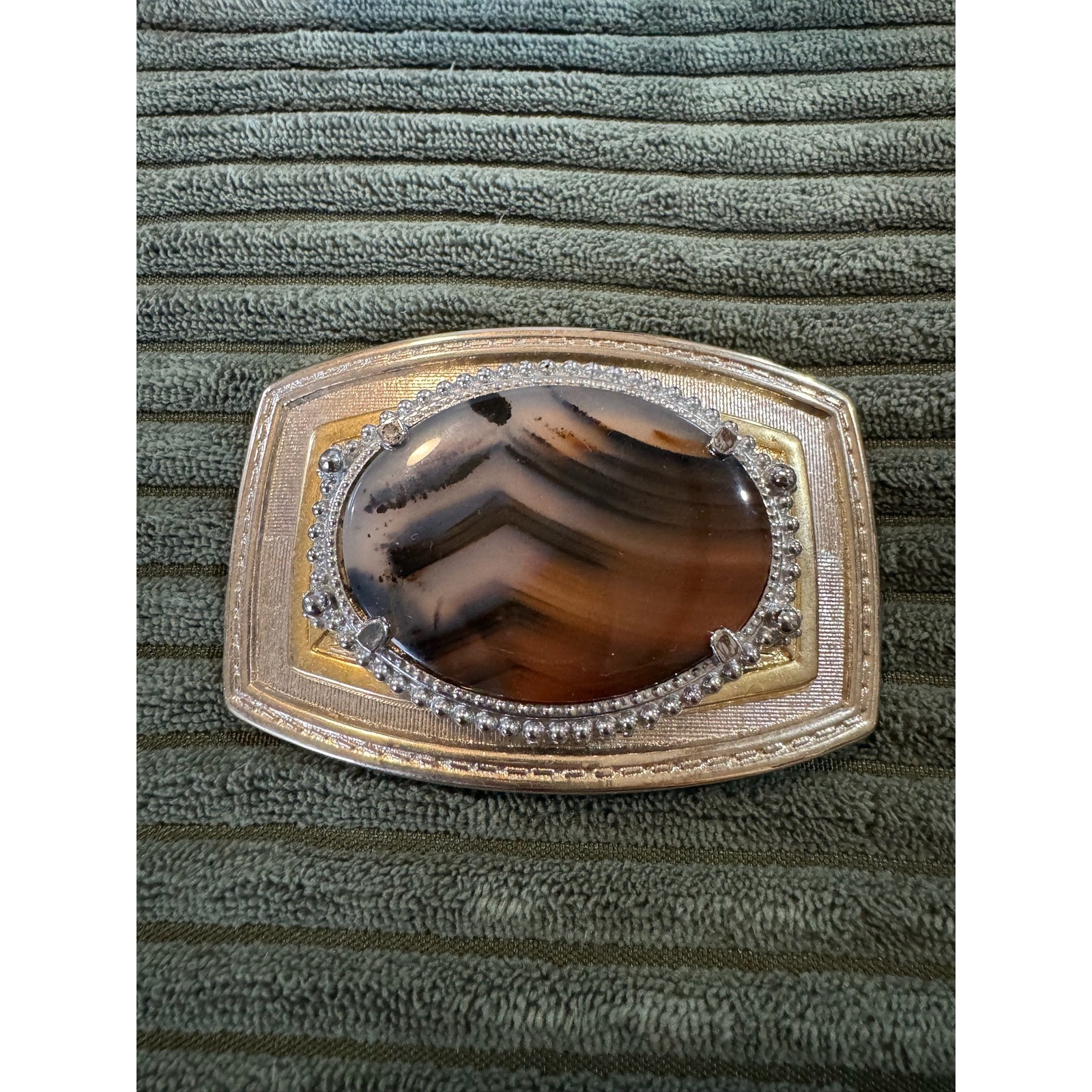 Vintage Agate Stone Belt Buckle Silver Gold Tone Mens Western Accessory