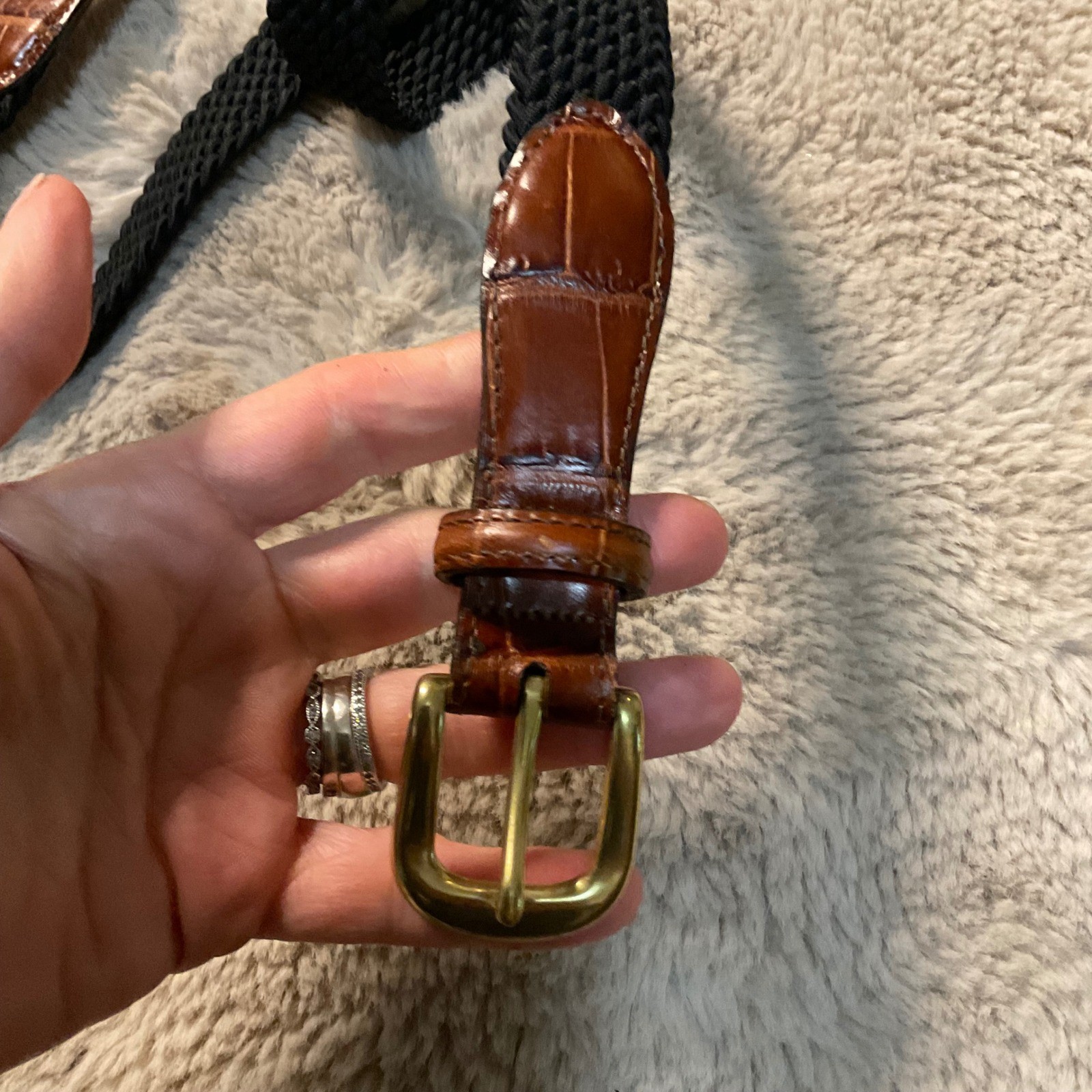 Brighton Belt Size 36 Brown Croc Leather Black Woven Middle Solid Brass Buckle