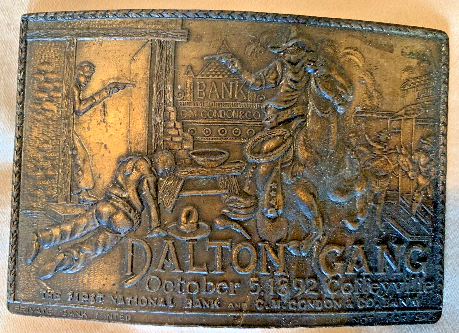 Vintage Dalton Gang Coffeyville Bank Robbery Brass Belt Buckle Outlaw Western