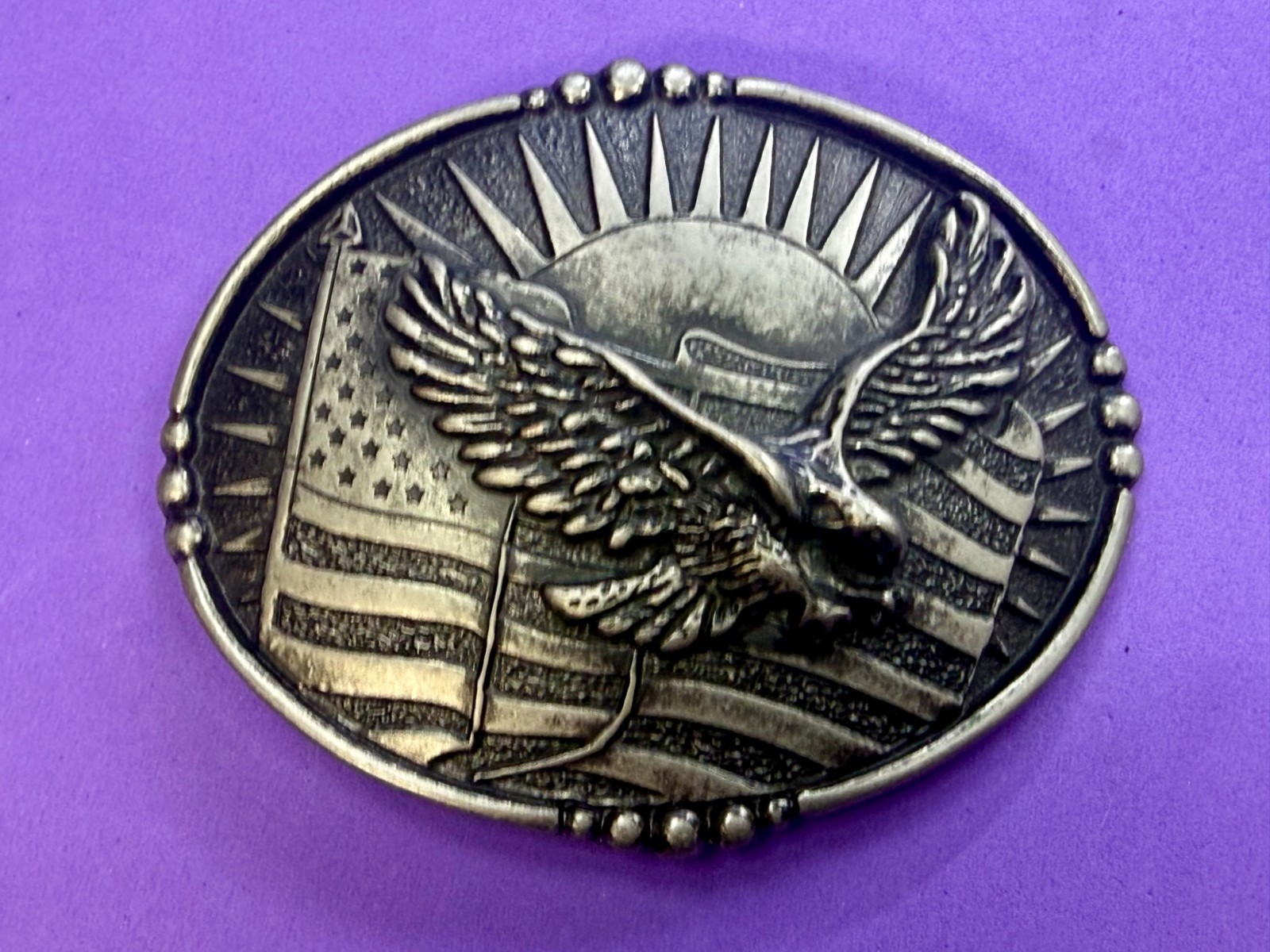 USA American Eagle Soaring Over Flag Sunrise Sunshine Patriotic Belt Buckle