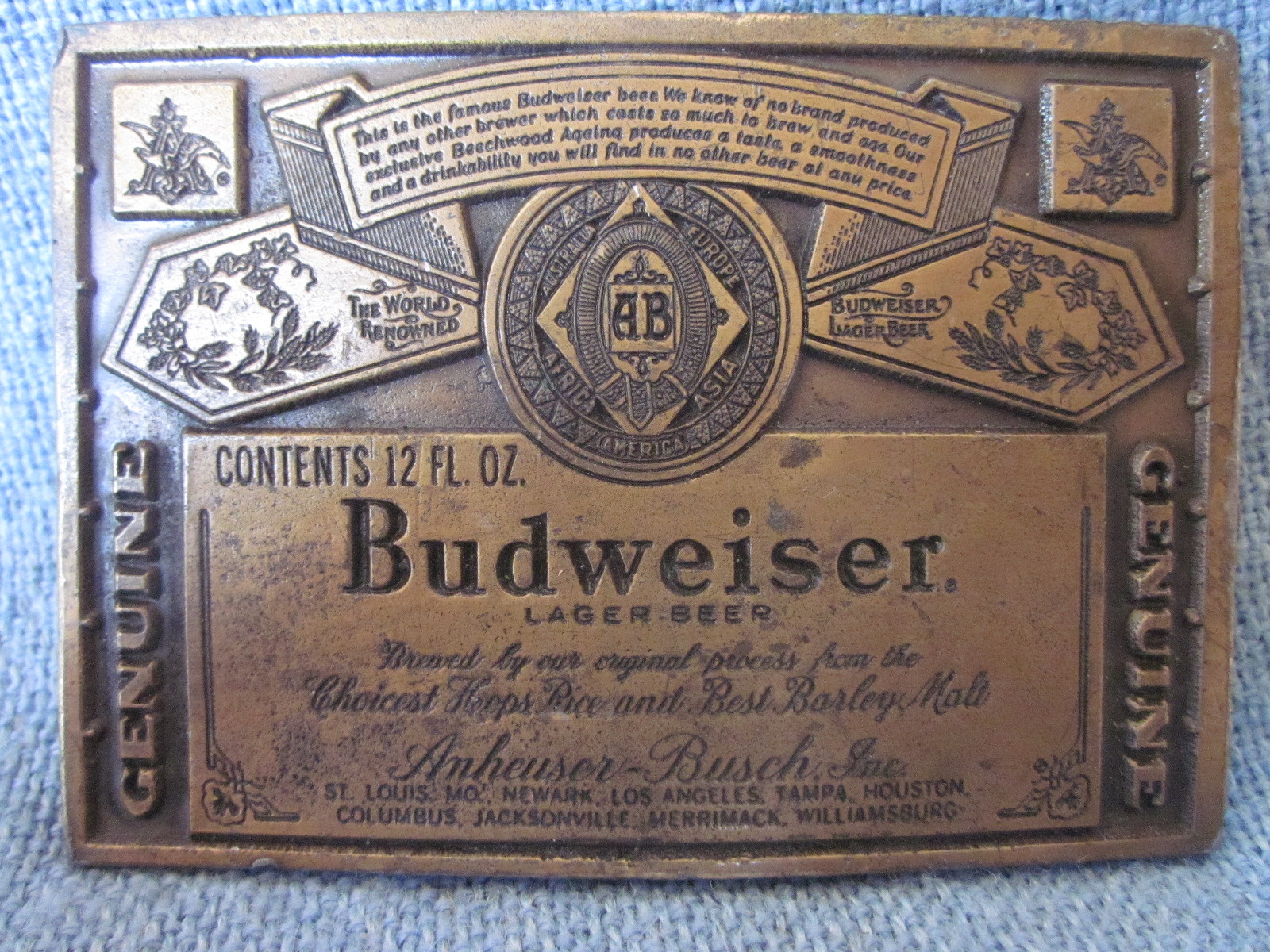 BUDWEISER BEER Belt Buckle Lewis Buckles Chicago USA 1970s HEAVY BRASS ~ NEW