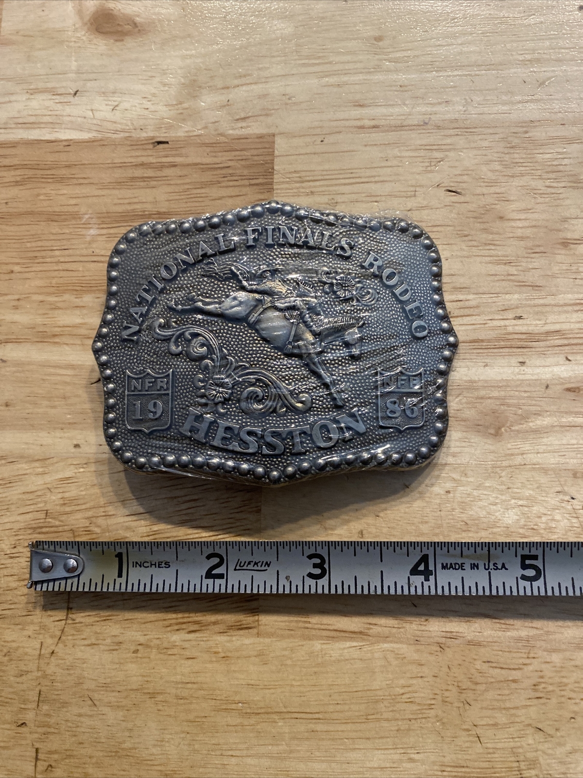 Hesston Vintage Rodeo Belt Buckle 1986 METAL Original Wrap National Finals NFR