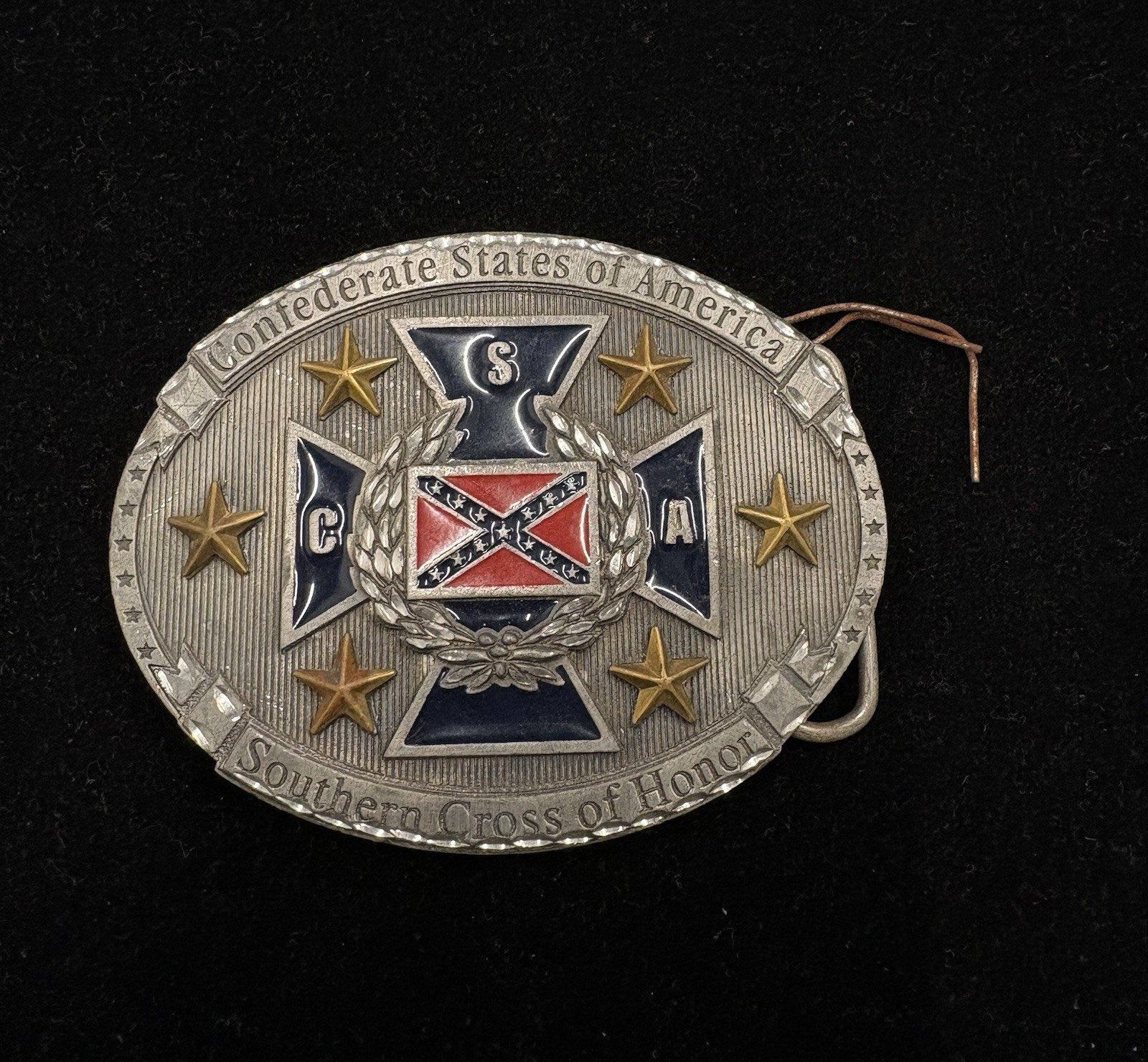 silver colored belt buckle “southern Cross of Honors” red white blue colors RARE