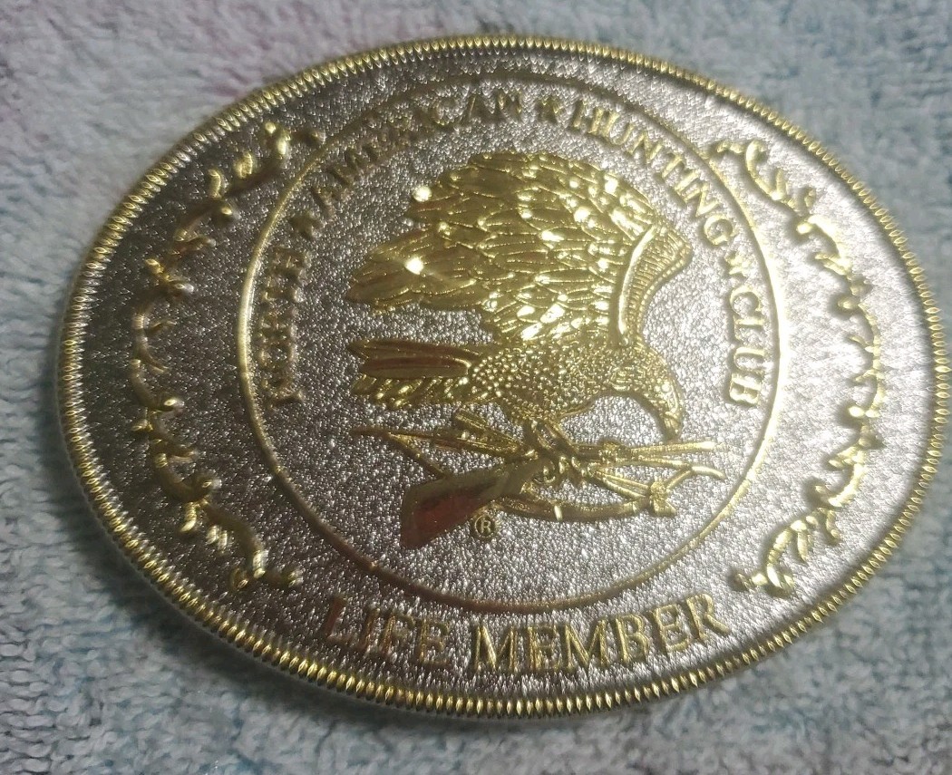North American Hunting Club Life Member two tone belt buckle With Tin