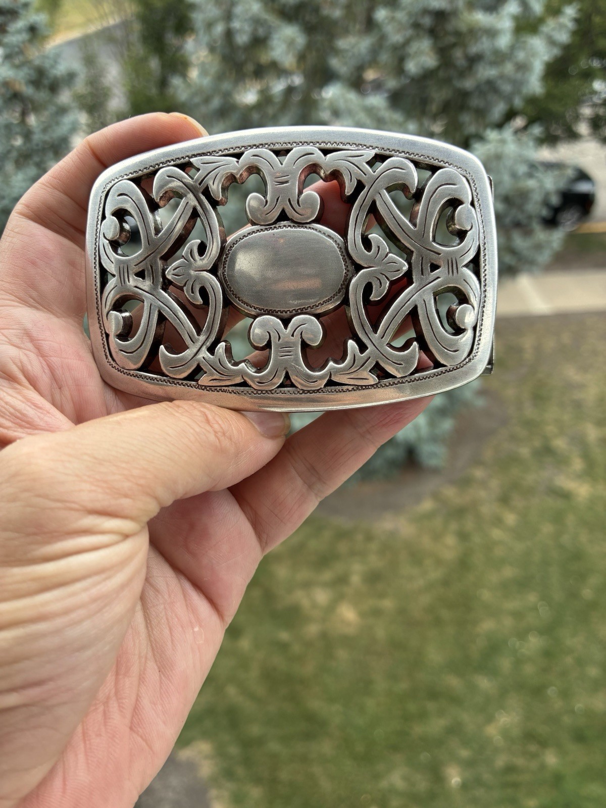 Baroque Filigree Belt Buckle – Antique Silver Finish