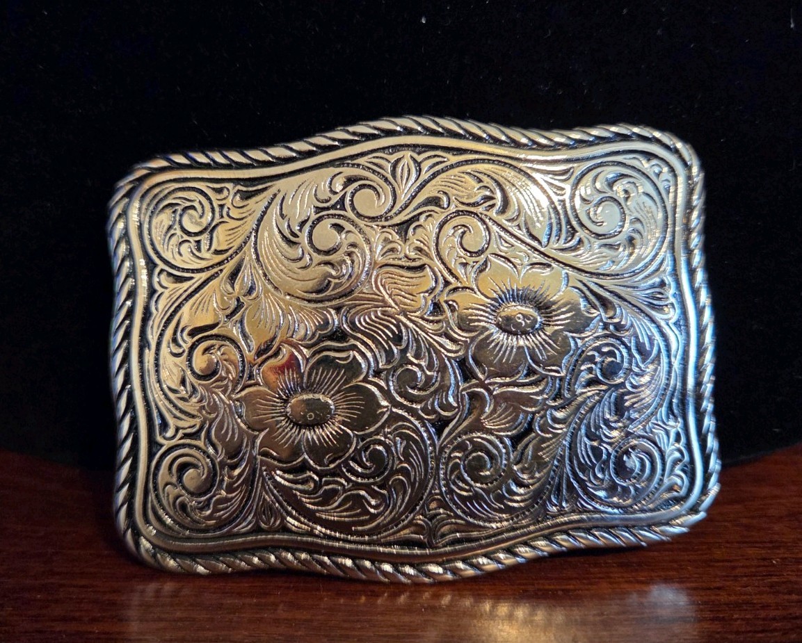 Vintage Western Floral Engraved Silver Tone Belt Buckle Rope Border Rectangle