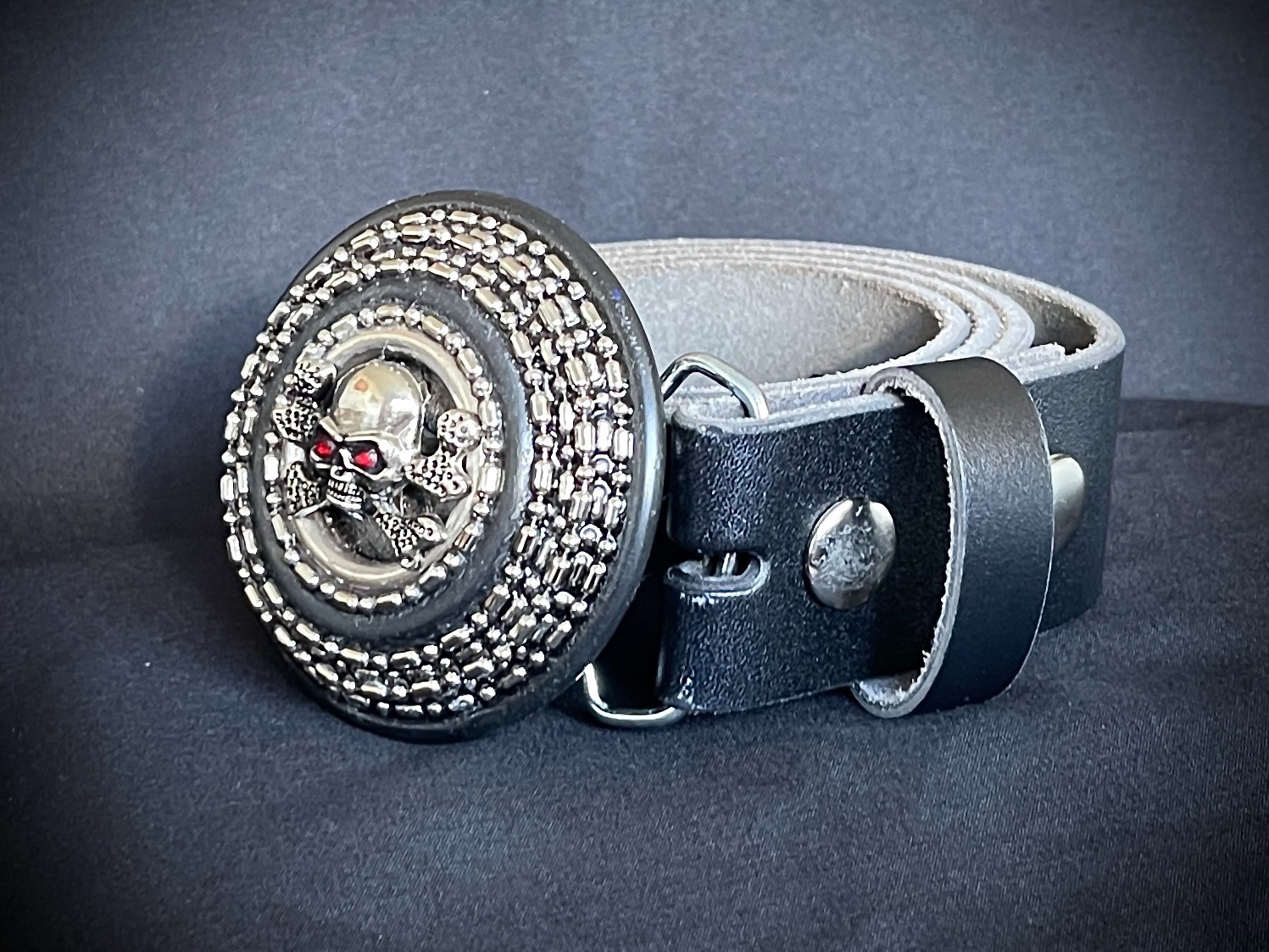 “Crypt Cross Relic” Skull Belt Buckle Red Crystal Eyes OOAK Darren McNeese