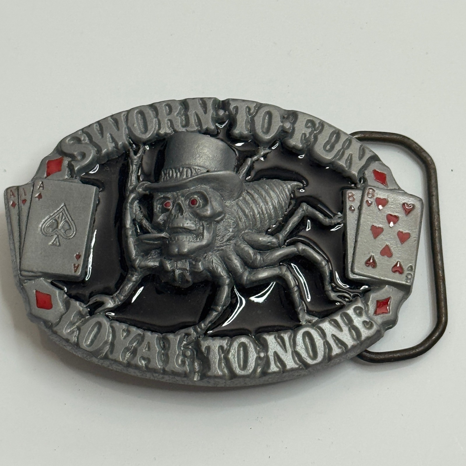 Skull Spider Belt Buckle Sworn to Fun Loyal to None Poker Cards Pewter 1995