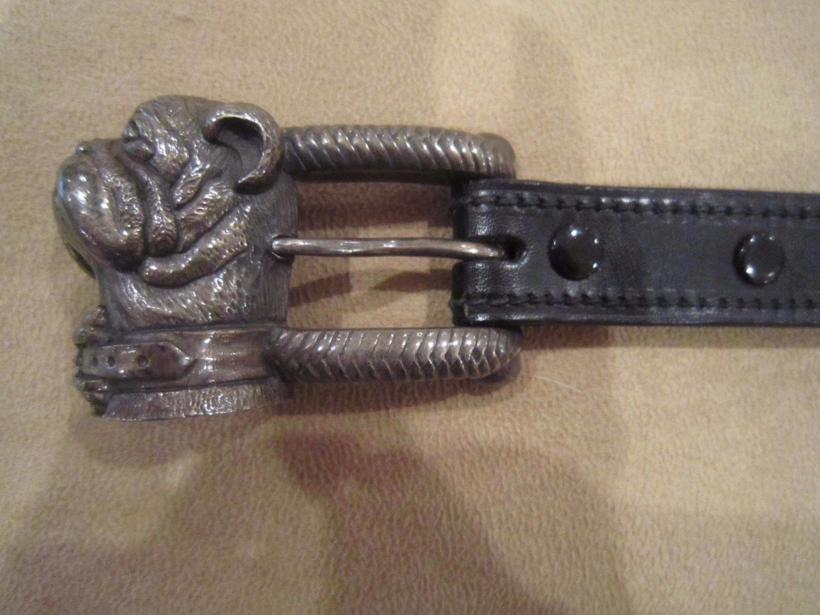 KIESELSTEIN CORD STERLING BULLDOG BUCKLE AND BLACK LEATHER BELT SIZE 2