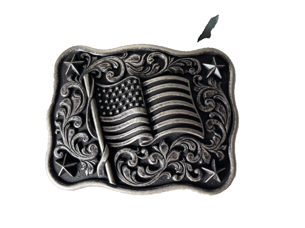 Nocona Mens Belt Buckle 3.75 x 3 in US Flag Star Western Matte Black Silver 1.5