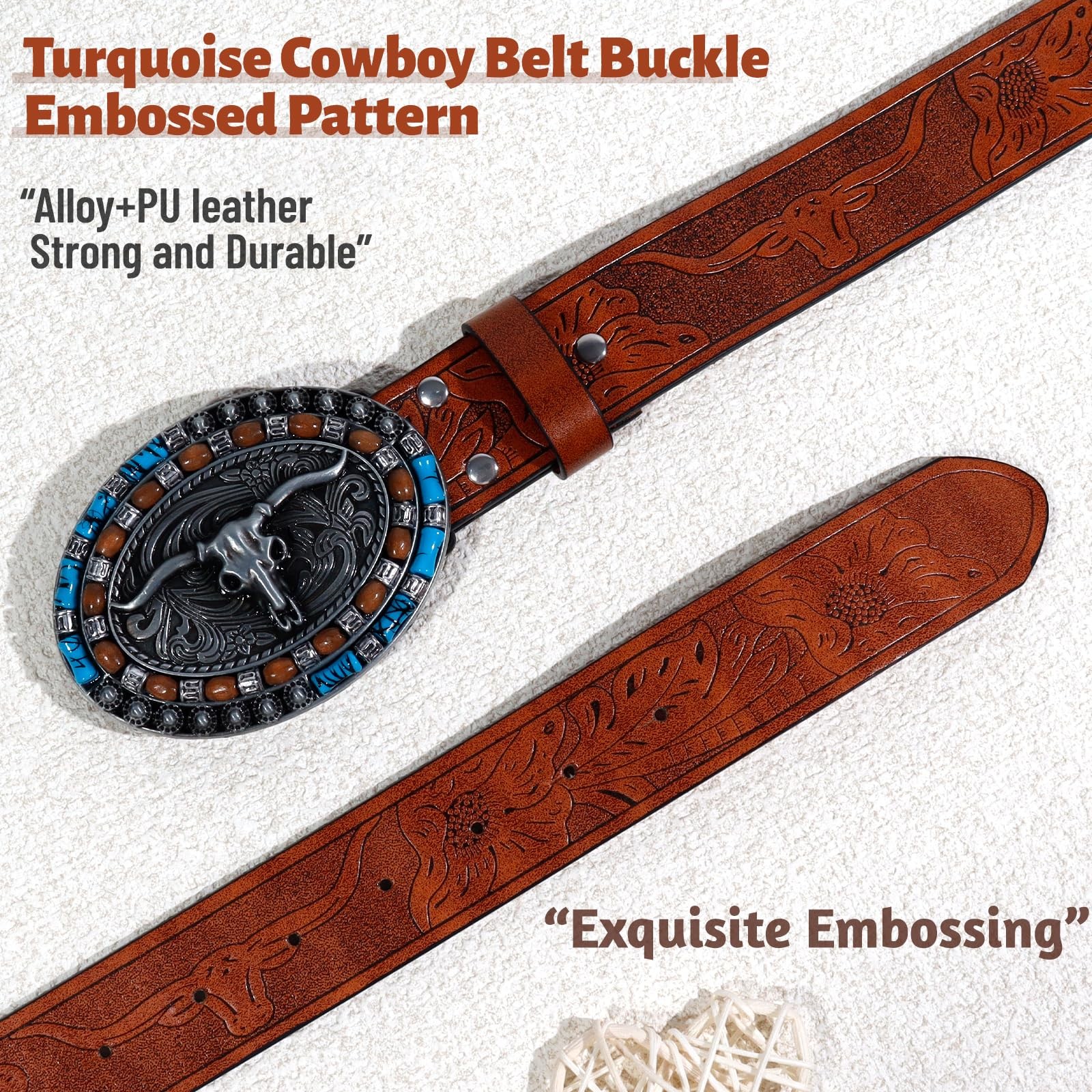 VASTRISE 2Pcs Western Cowboy Belts for Men 120cm, Gold+turquoise