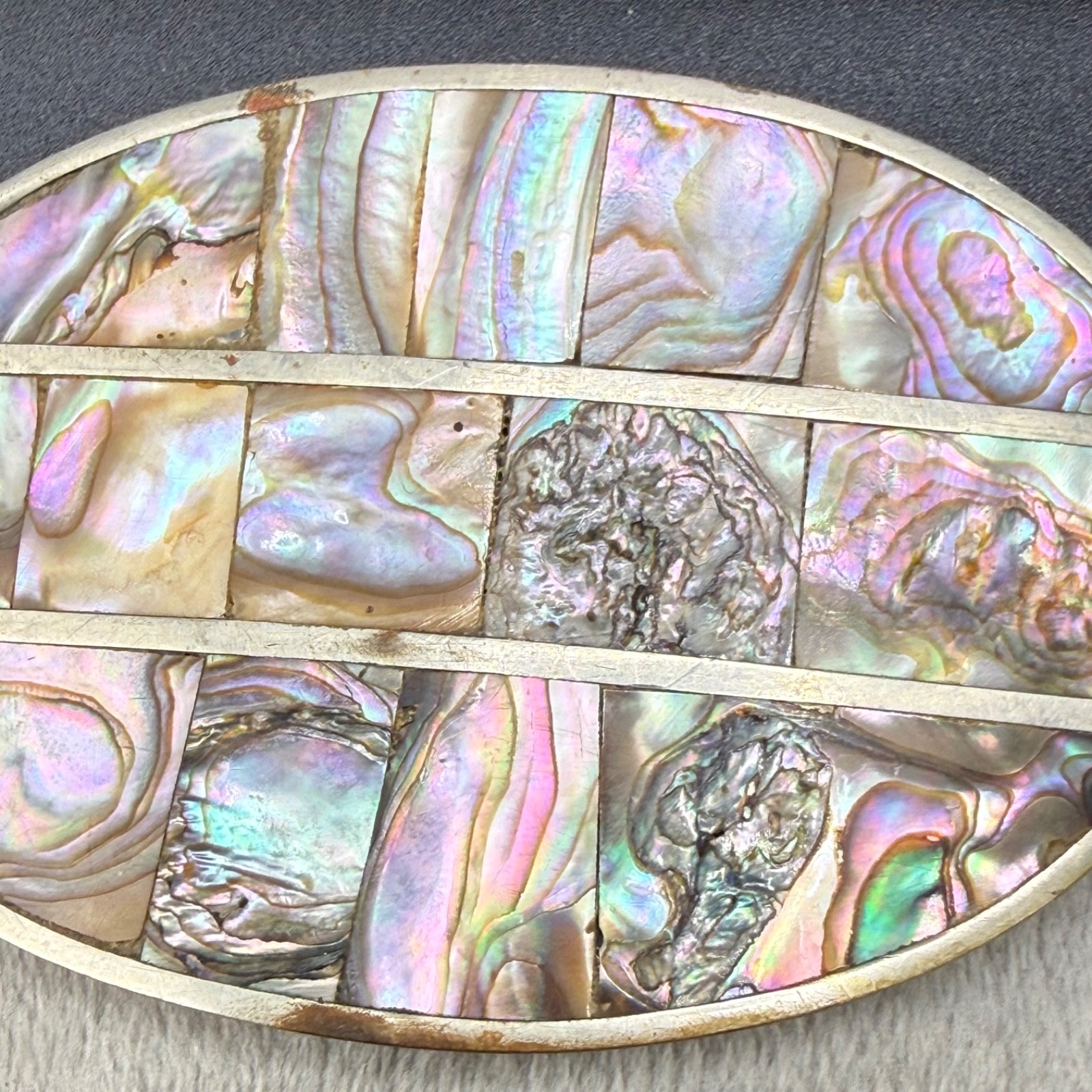Vintage Alpaca Belt Buckle Abalone Inlay Silver Tone