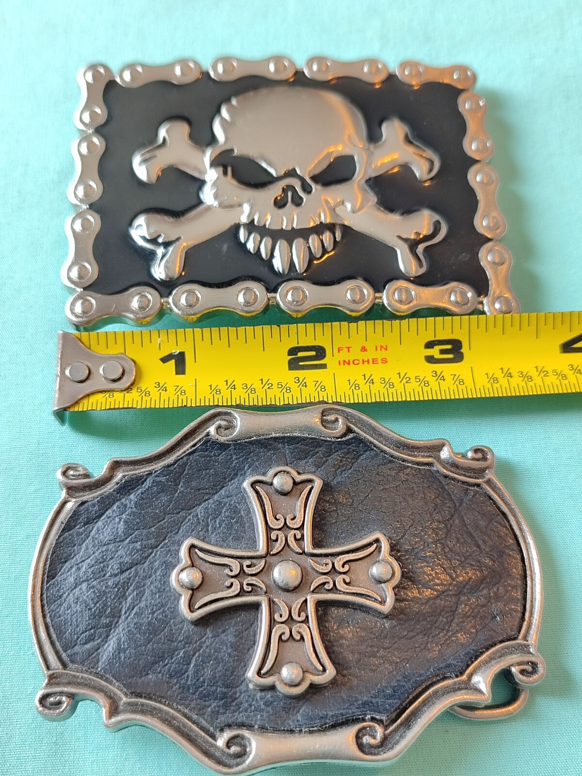 Silver Tone Black Enamel Leather Goth Gothic Belt Buckle Set Cross Skull