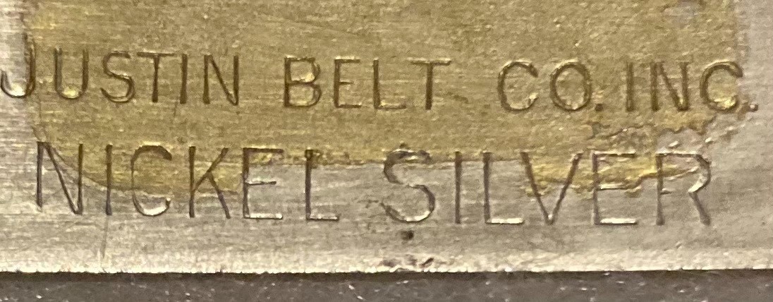 Vintage Metal Belt Buckle, Nickle Silver and Brass, Justin Belt Co, Bronco Busti