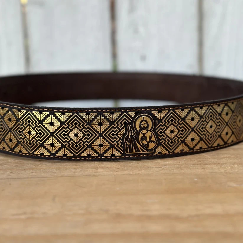 Genuine Laser Cut Leather San Judas Western Belt with Removable Buckle – Gold