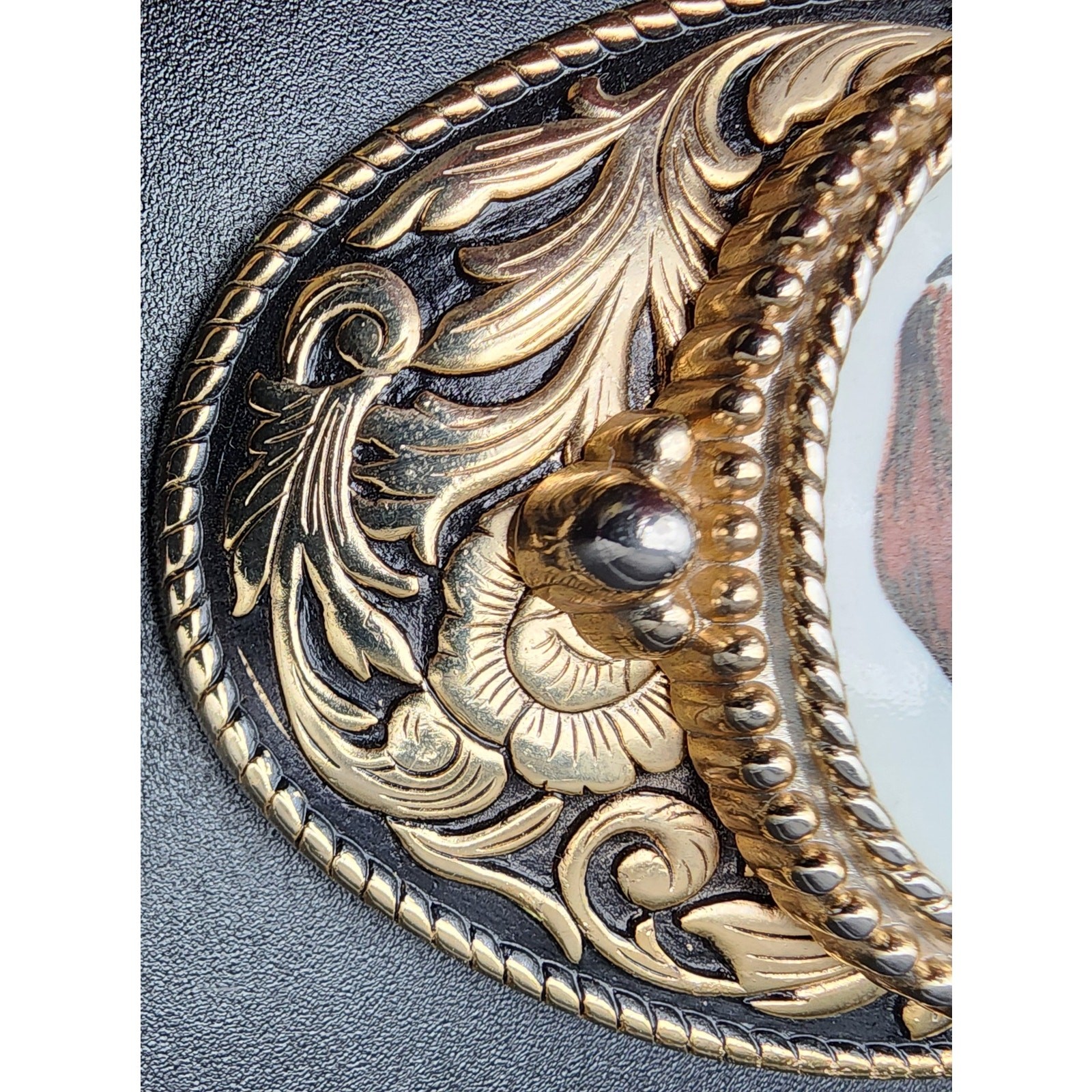 Vintage Brass Horse Head Belt Buckle with Porcelain Cameo 3.25&Prime; Western