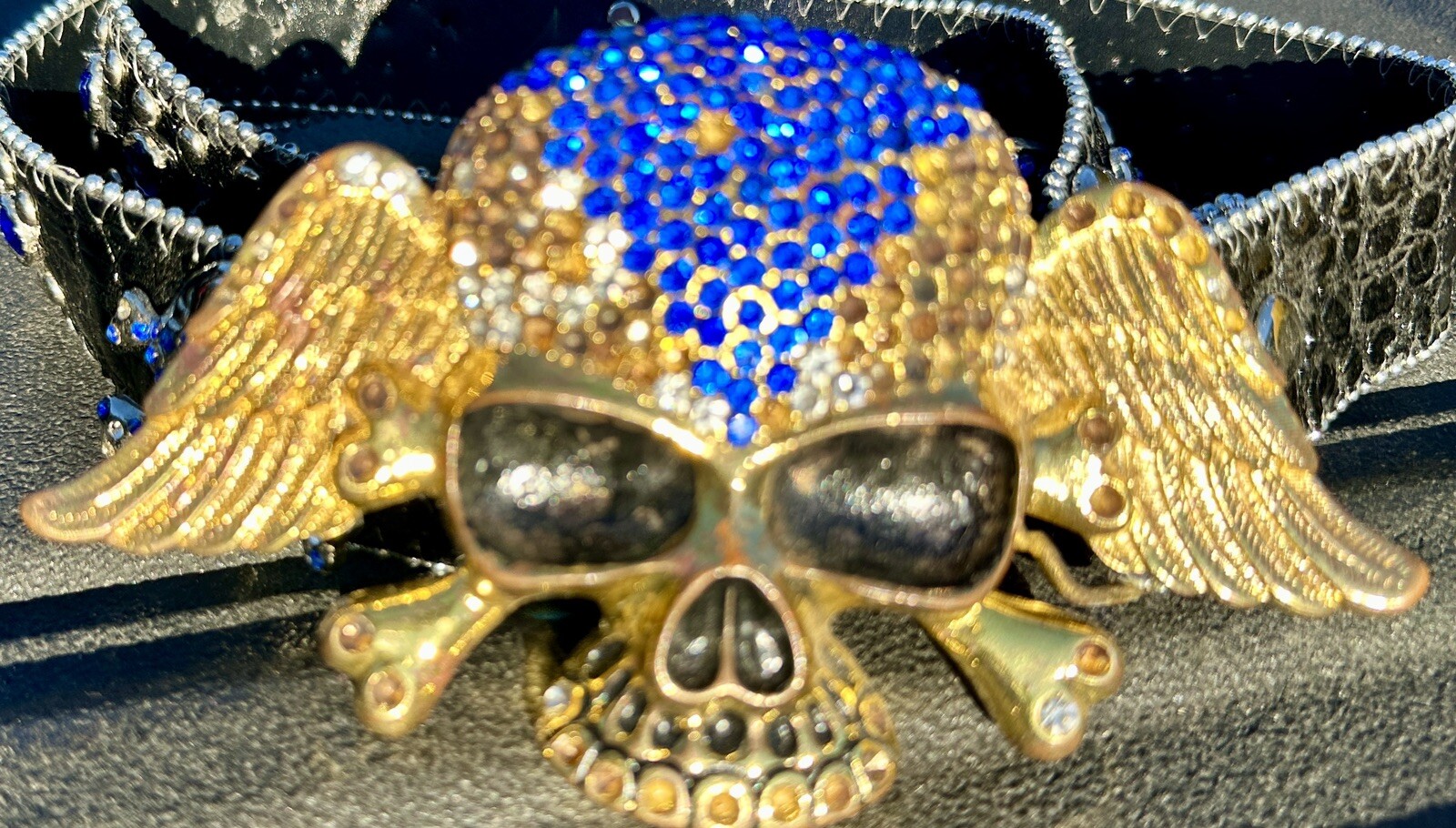 Skull covered in Clear & Blue Rhinestones Belt & Belt Buckle,Missing Some Stones