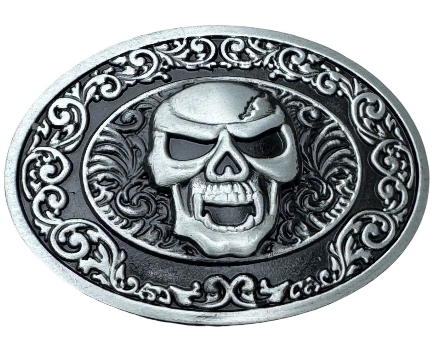 Skull With Fangs Belt Buckle Metal Gothic Ornate Antiqued Silver & Black New