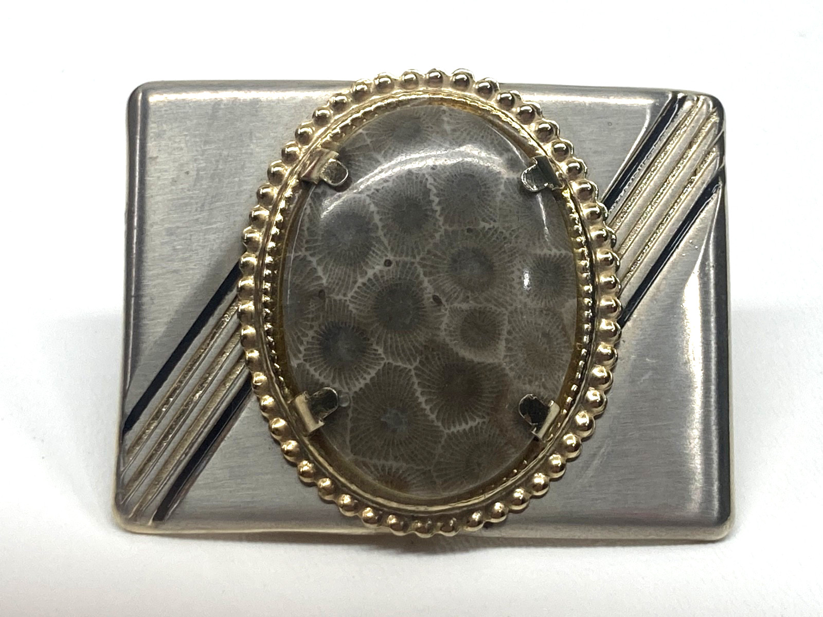 Vintage MCM Polished Oval Petosky Stone Gold & Silver -Toned Belt Buckle
