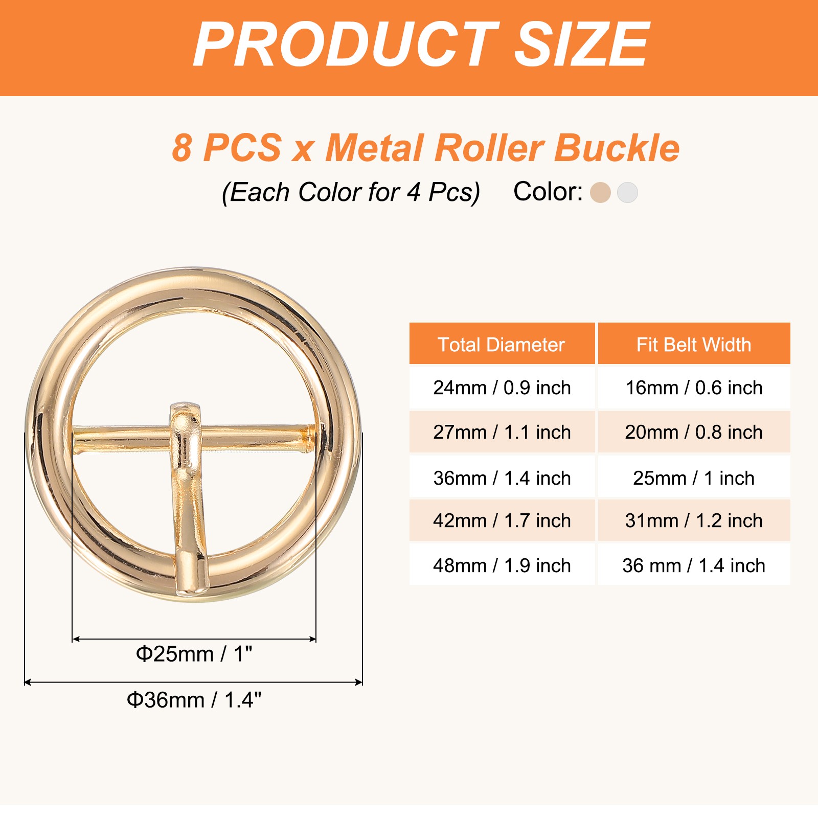 8Pcs 1&Prime; Single Prong Belt Buckle Metal Roller Buckle Silver/Light Gold