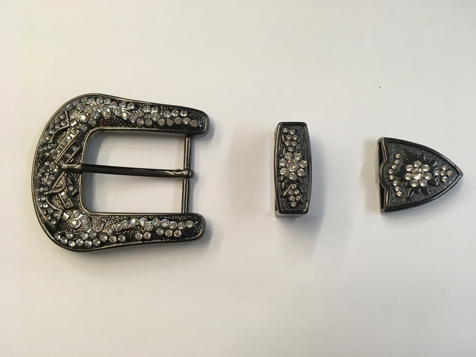 3 Piece Set Handmade Clear Crystal Studs Fancy Belt Buckle