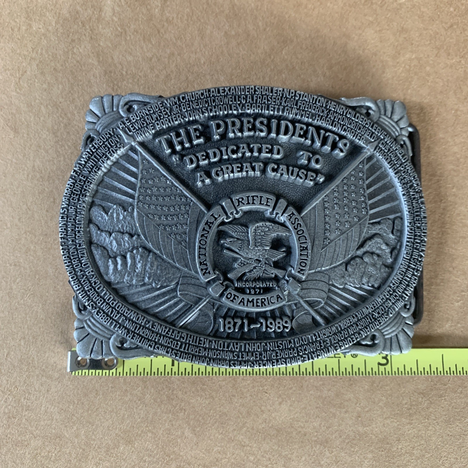 1871-1989 NRA 1”Belt Buckle National Rifle Association Flag Eagle Presidents BT1