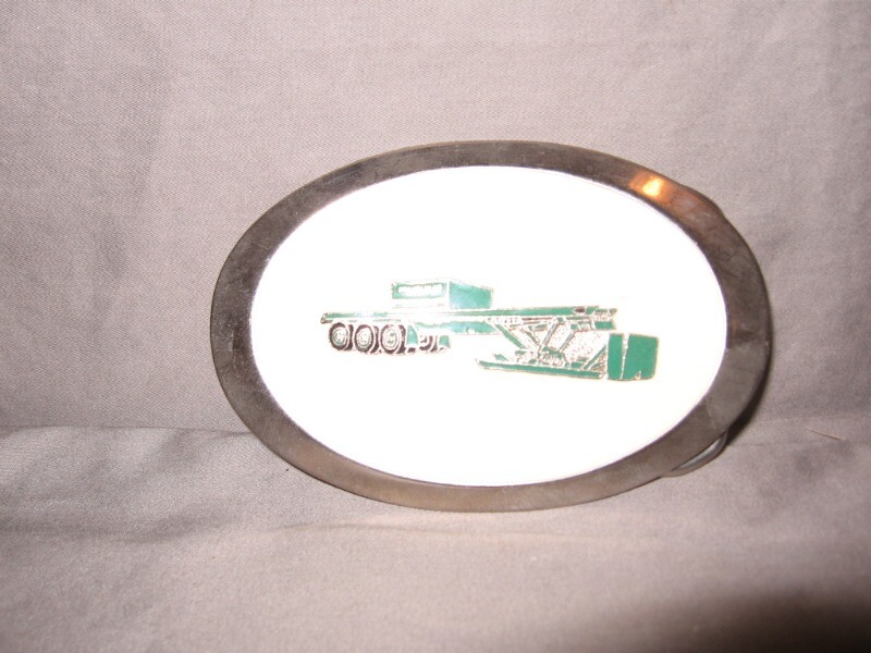 Franklin Co Tractor Oval Belt Buckle Cream & Green Inlay 3 3/4&Prime; f/s VGC