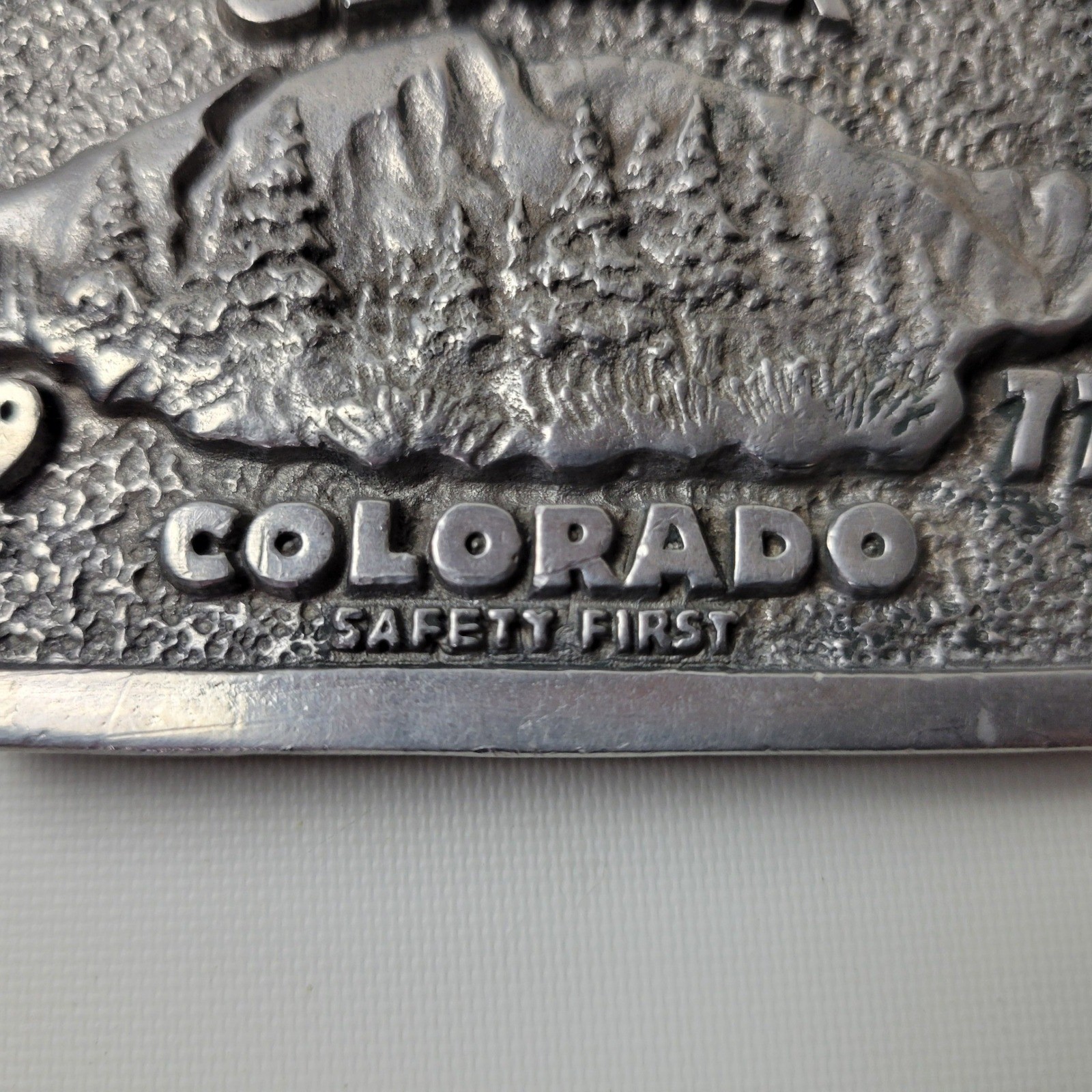 Vintage 1977 Climax Colorado Safety First Mining Belt Buckle Silver Tone Metal