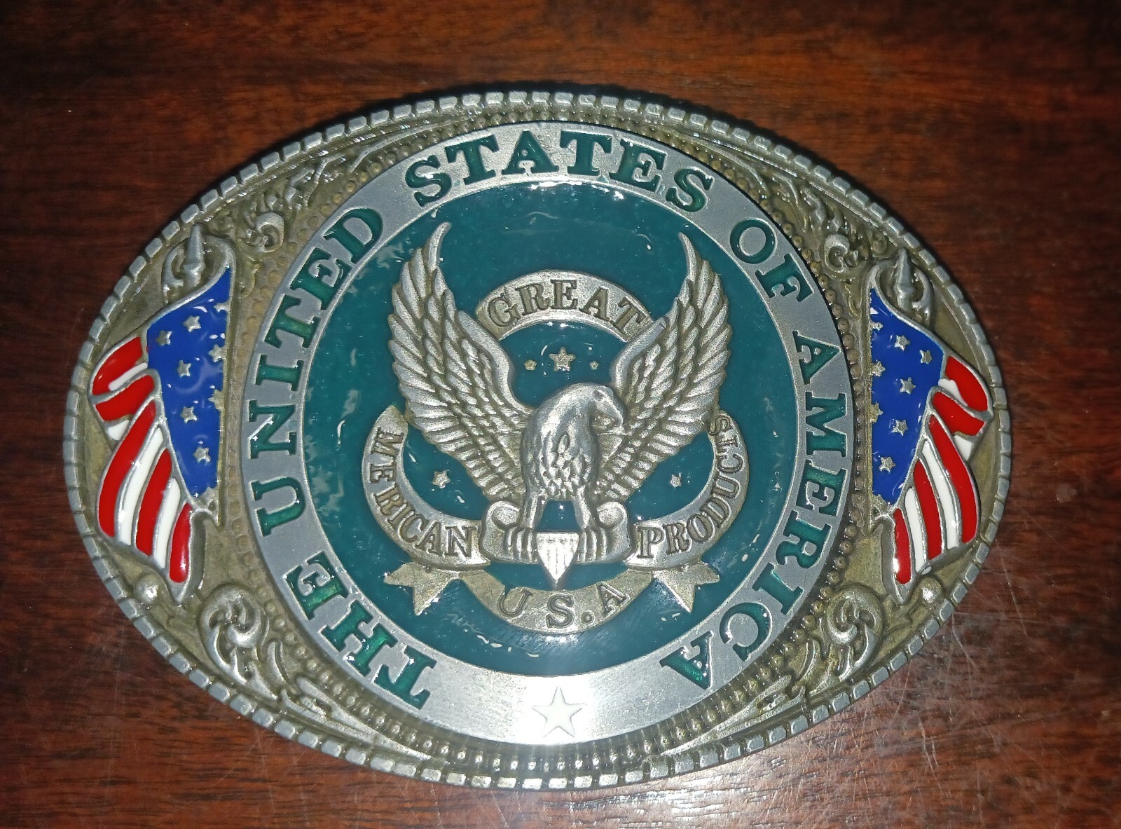 Silver Tone Pewter United States Of America Enamel Patriotic Belt Buckle Western