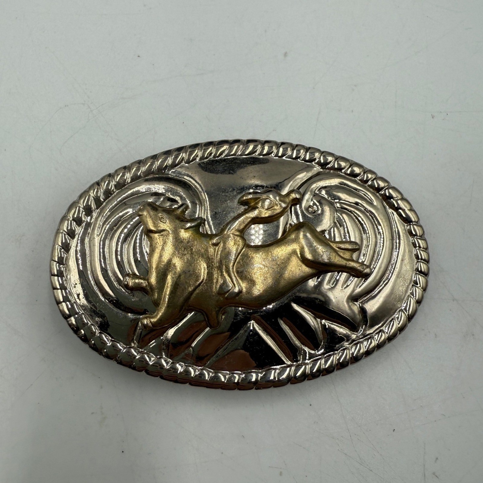 Vintage Western Bull Riding Belt Buckle Silver Gold Tone Rodeo Cowboy Oval 3.5&Prime;