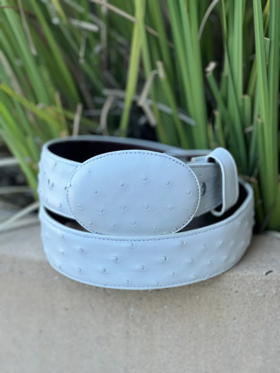 Genuine Exotic Full Quill Ostrich Skin Western Belt with Removable Buckle -White