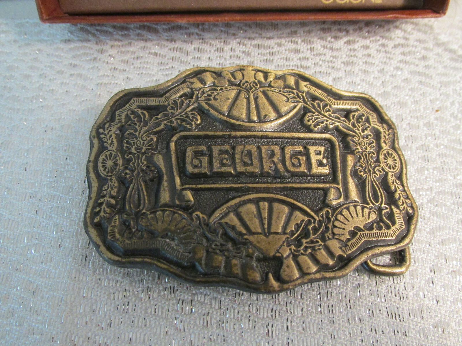 BRASS BELT BUCKLE « GEORGE » ORIGINAL BOX ODEN TIME EMBOSSED BIRTHDAY NAME