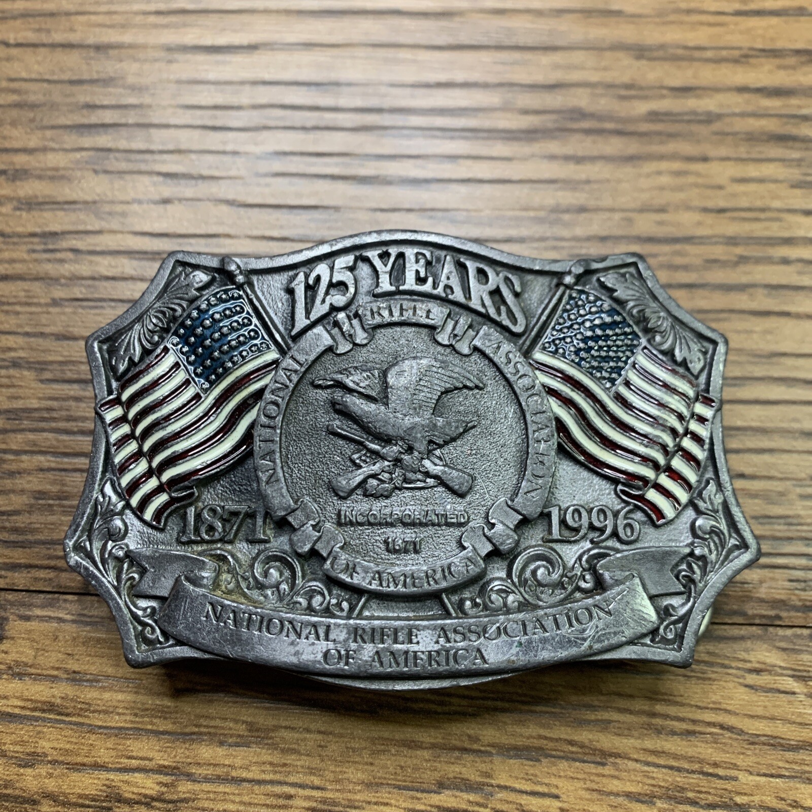 1871-1996 NRA 125 Years Belt Buckle National Rifle Association Flag Eagle
