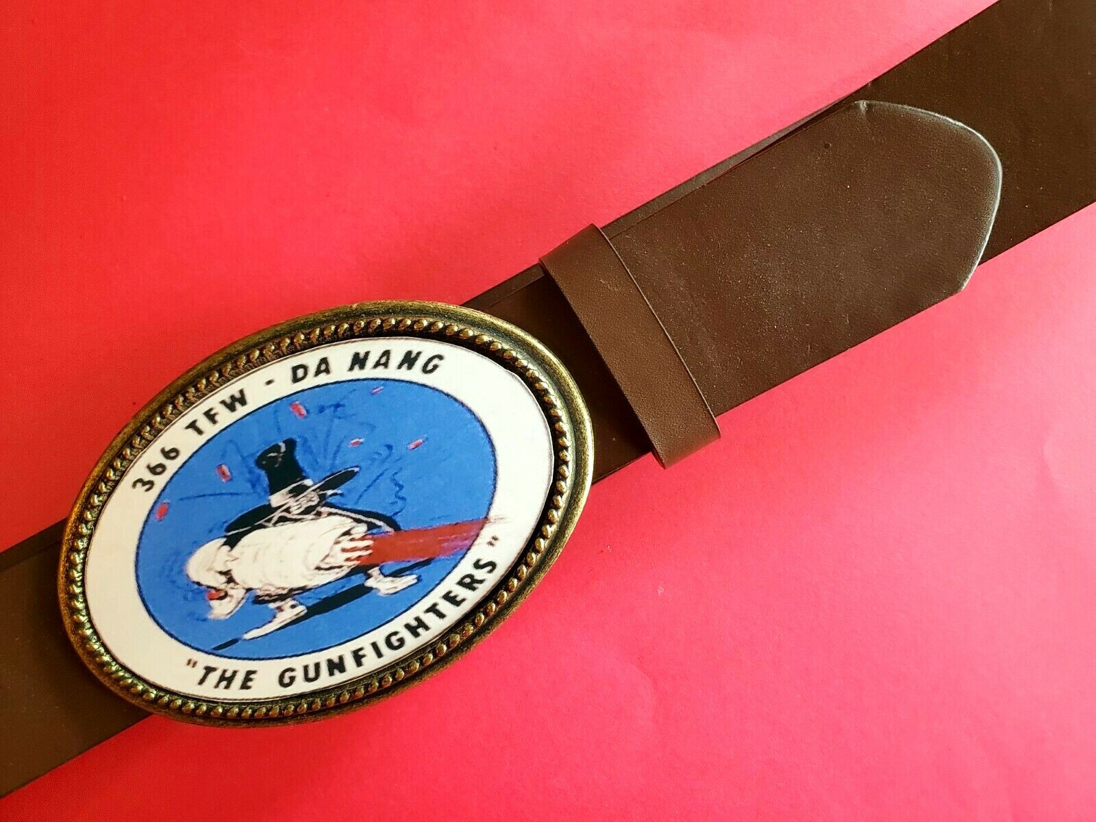 Vietnam Veteran 366 THE GUNFIGHTERS Epoxy Photo Belt Buckle & Brown Bonded Belt