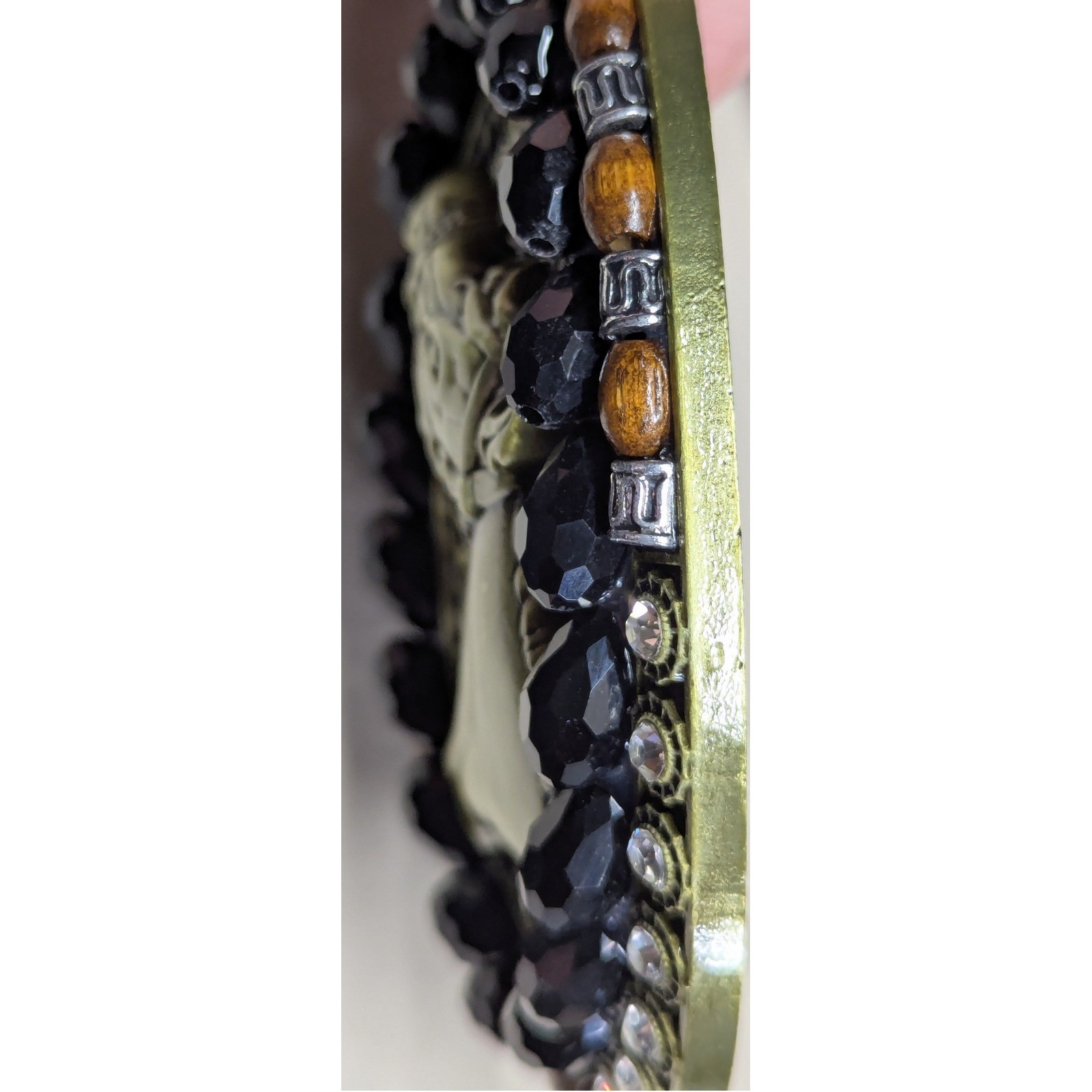 New Horse Head Belt Buckle Gold Tone Black Faceted Beads Clear Rhinestone Beaded
