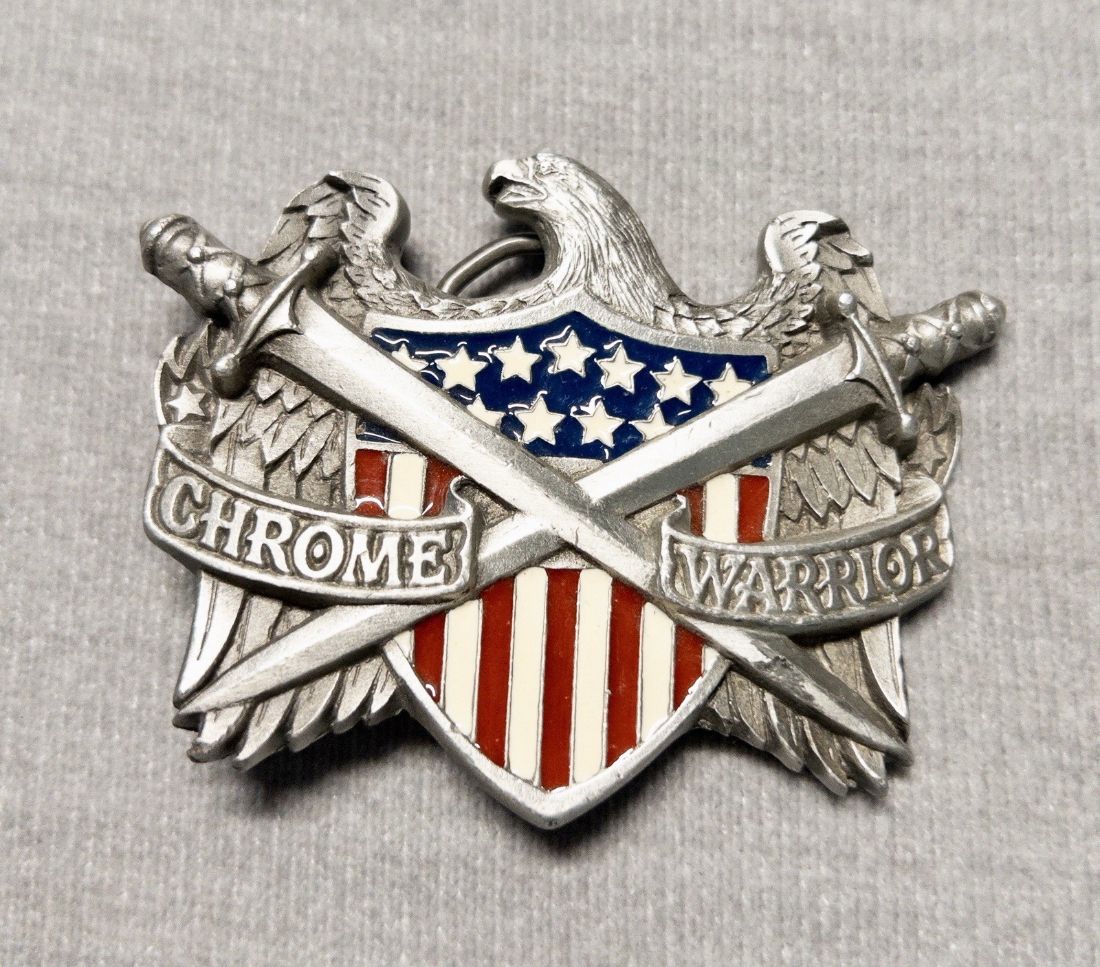 VINTAGE CHROME WARRIOR BIKER BELT BUCKLE EAGLE FLAG AND CROSSED SWORDS RESIN