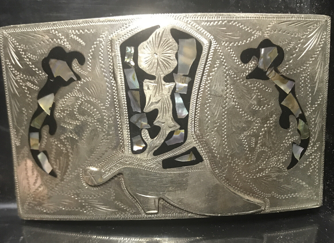 SILVER BELT BUCKLE ABALONE Cowboy Boot INLAYS MARKED ALPACA