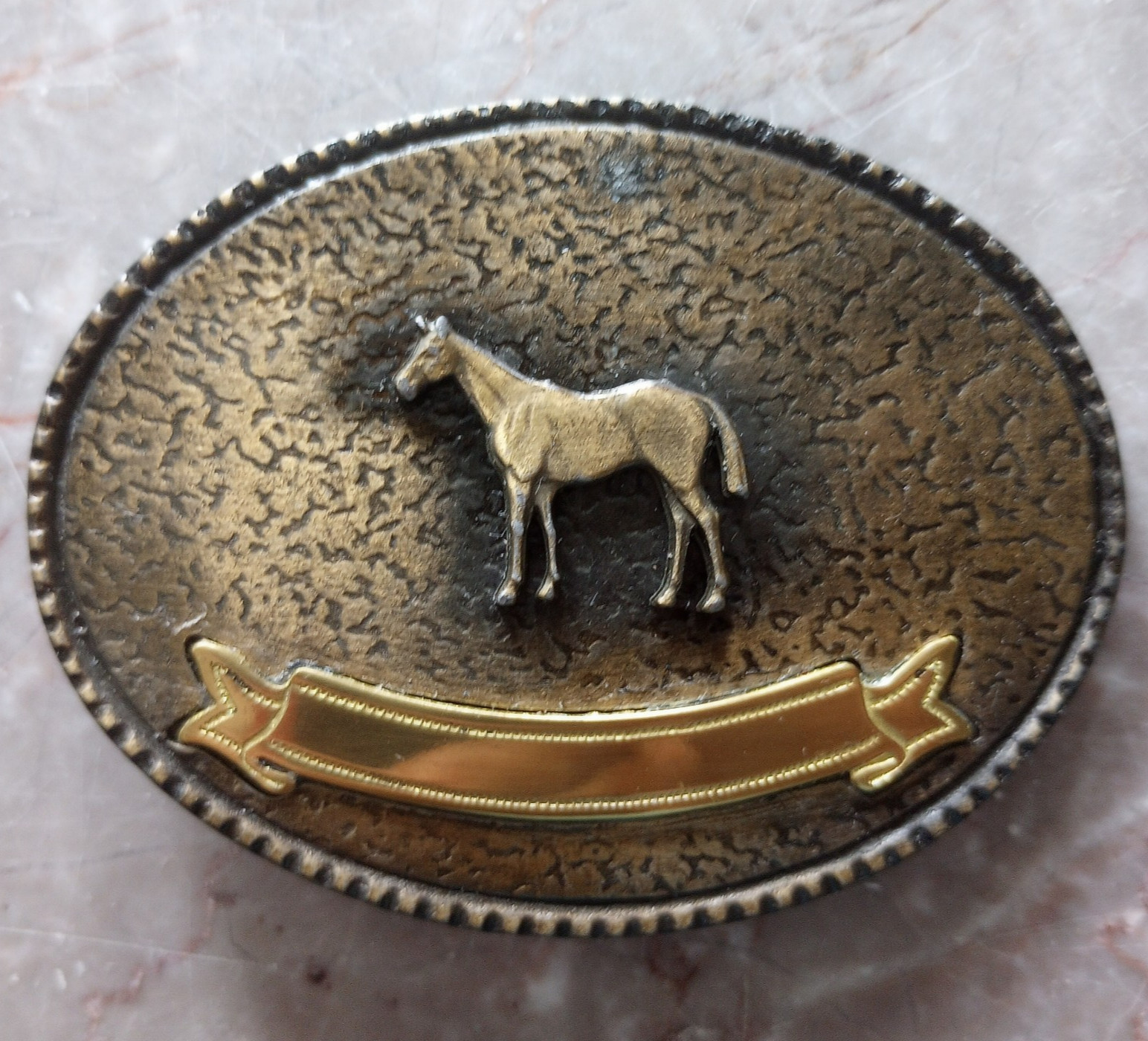 Vtg Western Horse Belt Buckle Blank Trophy Ribbon W Maker Mark Oval Brass Tone