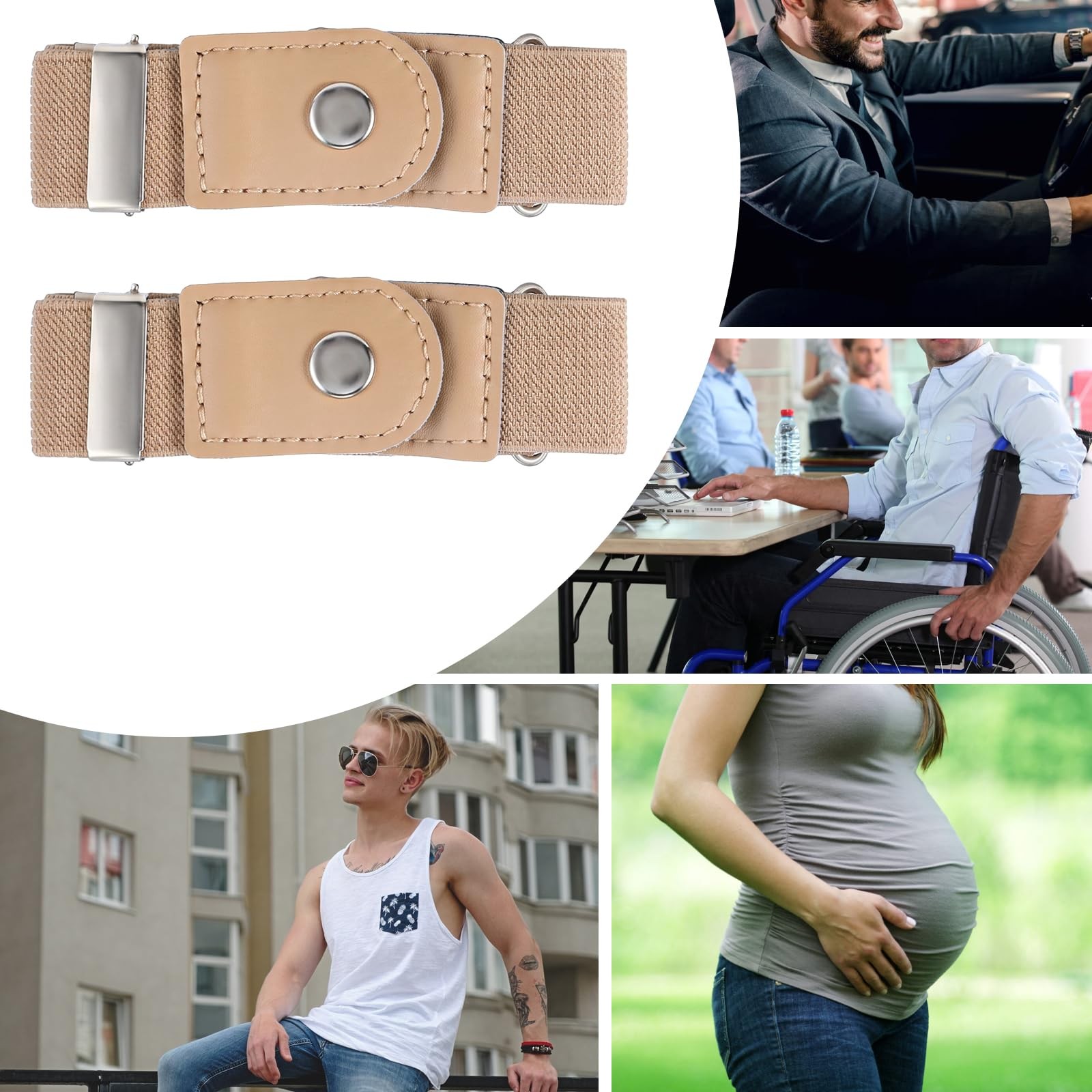 Ptwola 2 Pcs Men Side Belts No Buckle Elastic Belt Without One Size, Beige