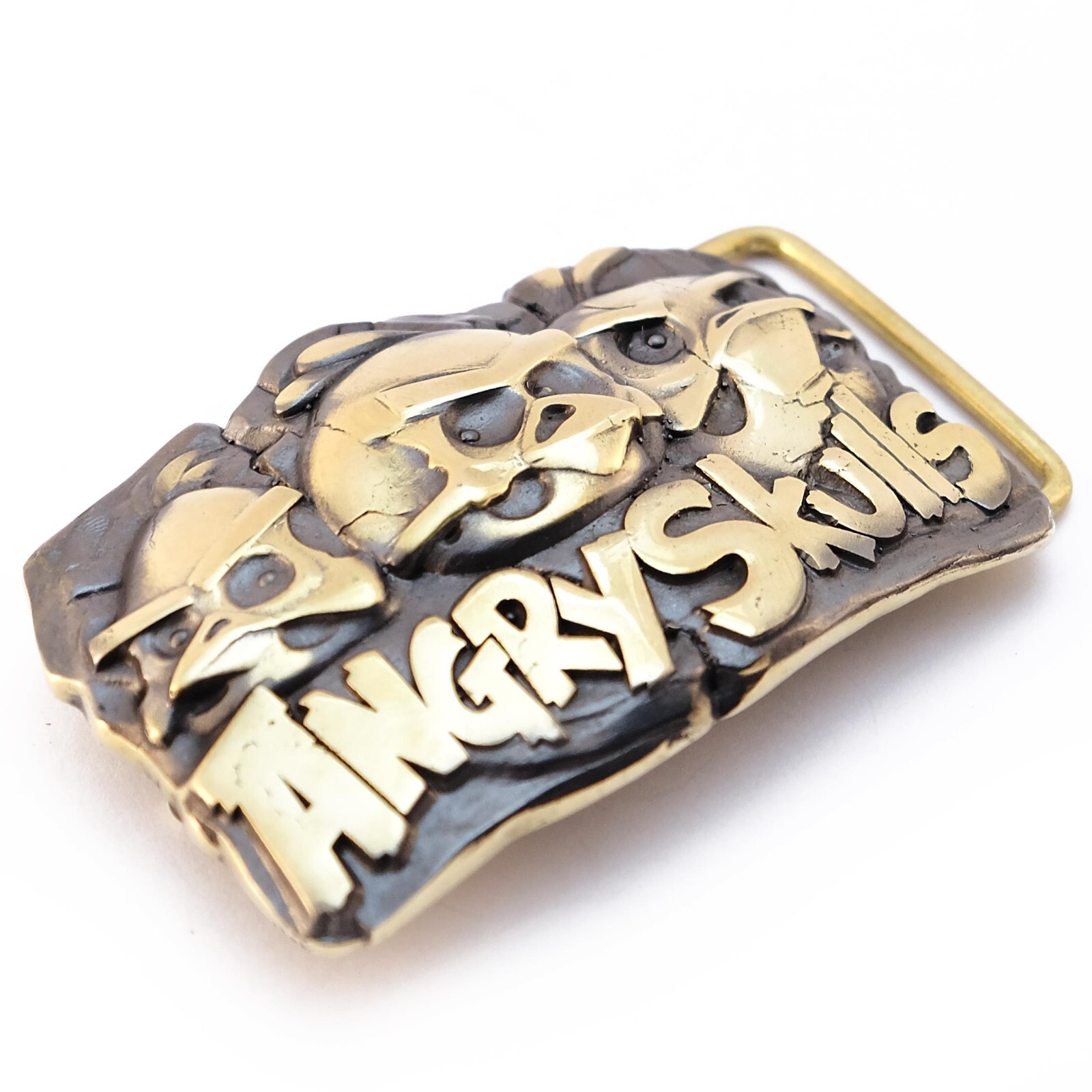 Belt buckle Angry Skulls, Solid brass handmade belt buckle with birds skulls