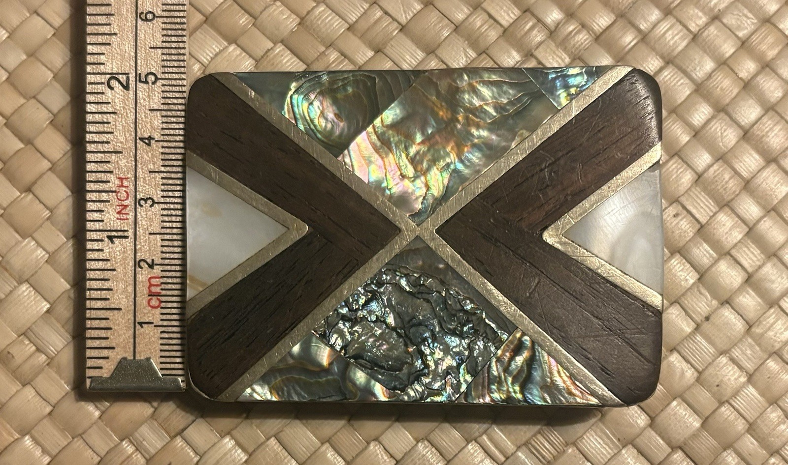 Vintage Mexico Wood & Shell Inlay Belt Buckle 2X3 in