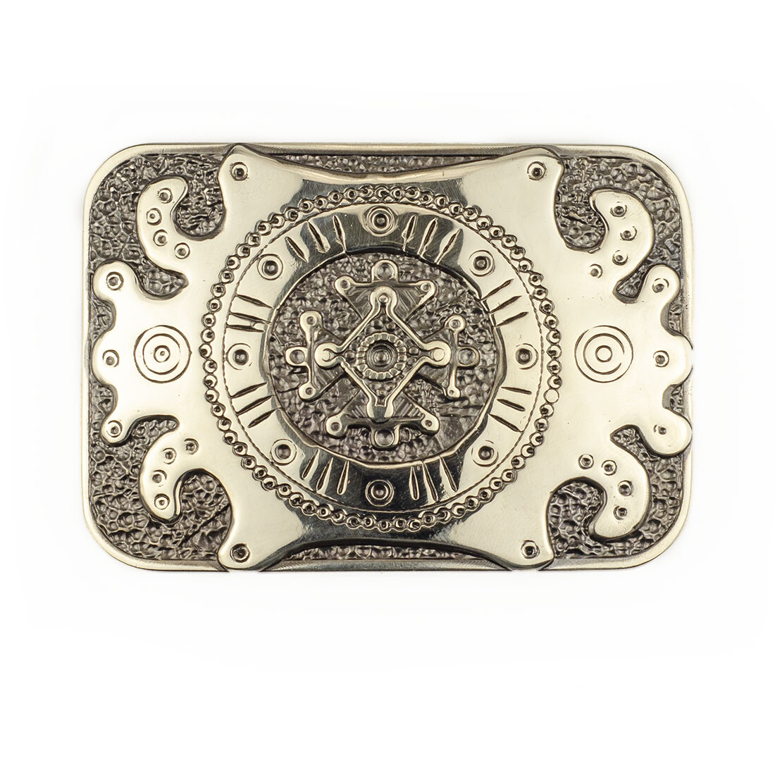 German silver belt buckle pre-Christian sun cross; Teutonic or Maltese Zgarda