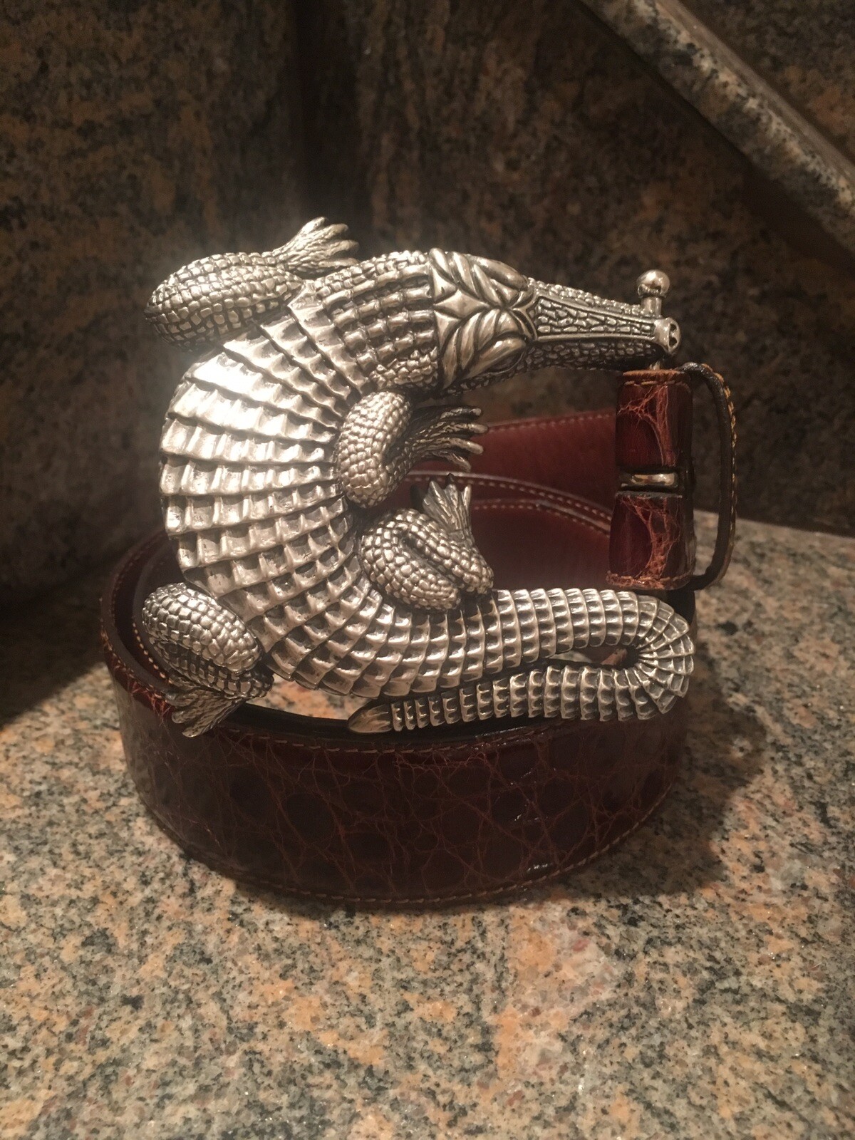 Huge Kieselstein-Cord Sterling Alligator Buckle With Brown Alligator Belt Size 2