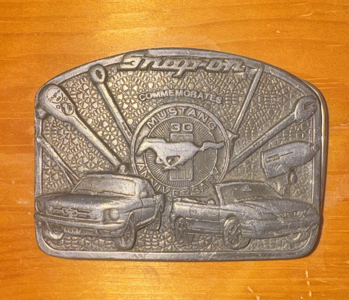 1990s Snap On Pewter Belt Buckle Commemorative 30 Year Ford Mustang SSX1820 USA