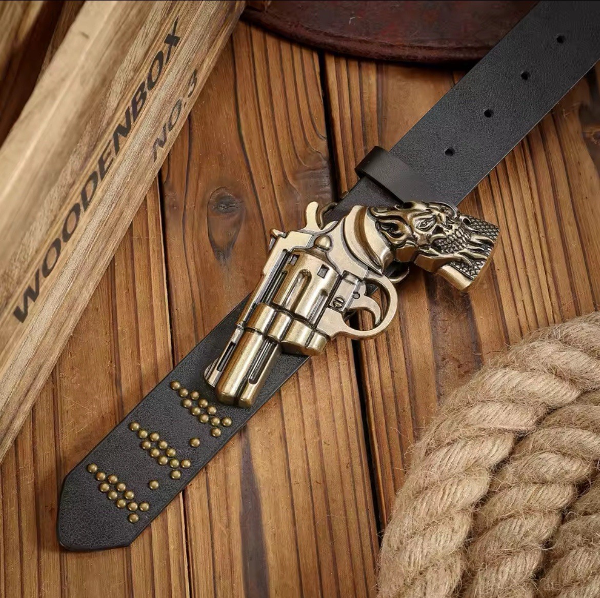 Western Cowboy Belt Buckle Revolver Gun With Skull & Faux Leather Belt Set Men’s