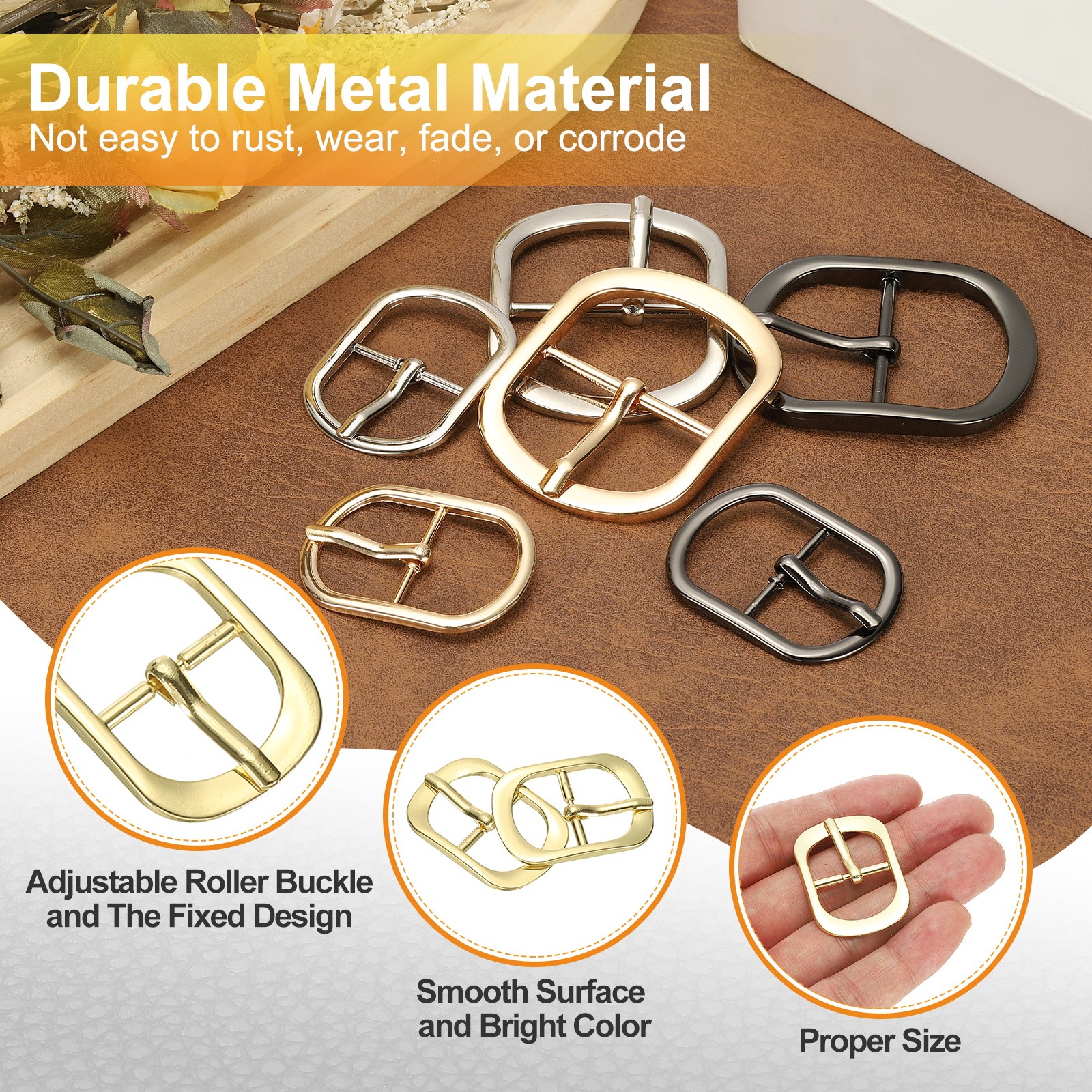 4 Pcs 0.8 Inch Single Prong Buckle Oval Center Bar Buckle, Gold Tone