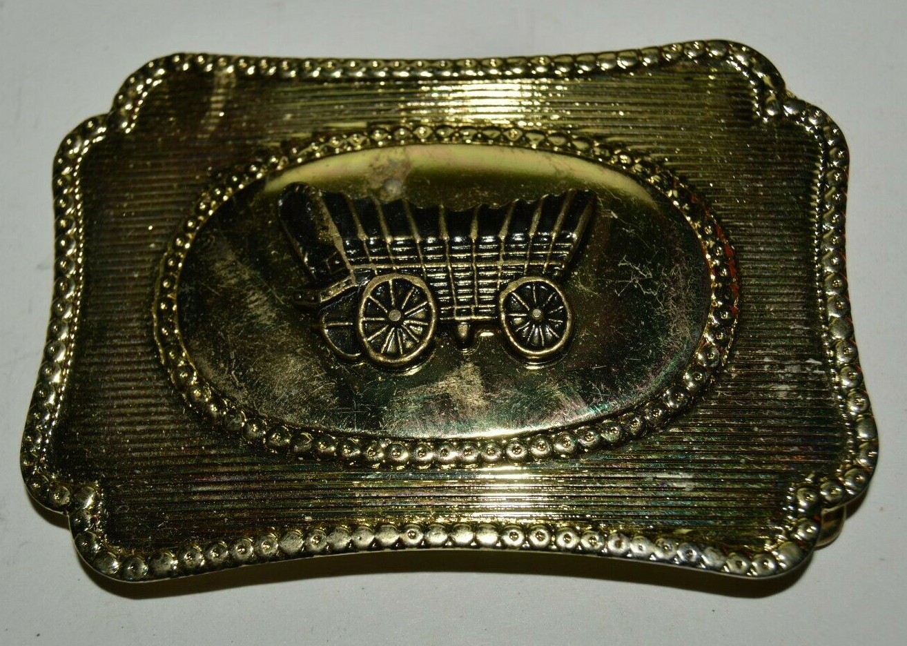 Vintage Golden Metal Western Cowboy Covered Wagon Trail Belt Buckle Hong Kong